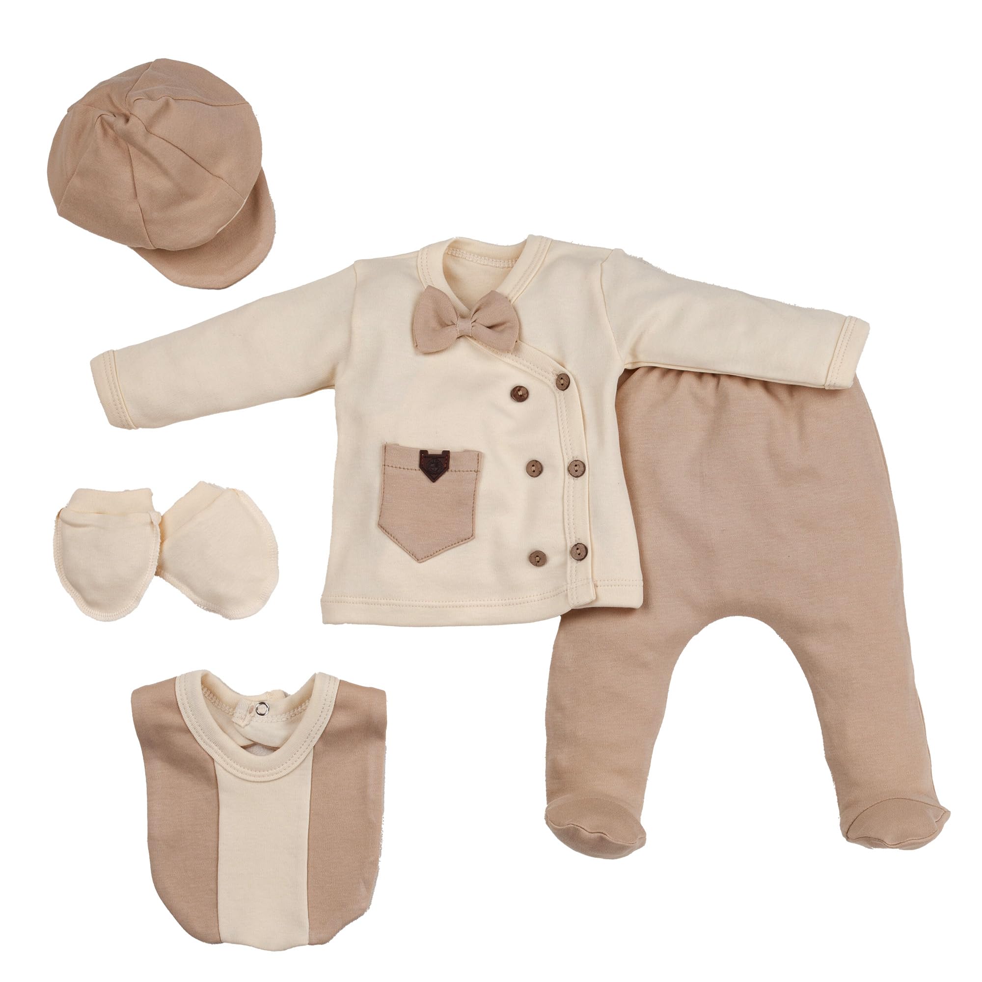 Lunanest Baby Geschenkset 5-teilig aus Baumwolle - Neugeborenen Erstausstattung mit Body, Hose, Mütze, Lätzchen & Handschuhen | Für Mädchen & Jungen 0–6 Monate (Fliegen-Set)