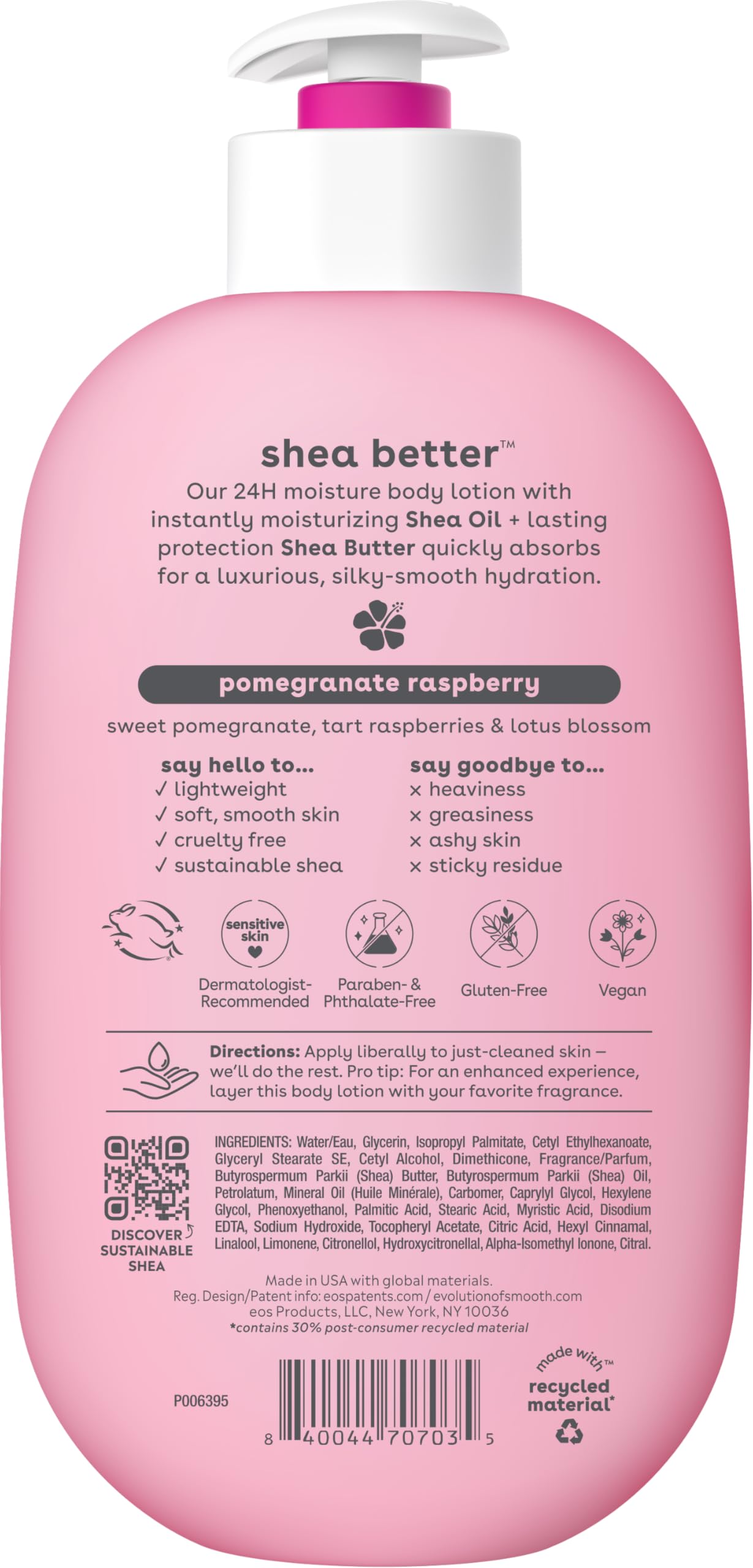 eos Shea Better Body Lotion Pomegranate Raspberry, 24-Hour Moisture Skin Care, Lightweight & Non-Greasy, Natural Shea, Vegan, 16 fl oz: Pomegranate Raspberry 16 Fl Oz (Pack of 1)