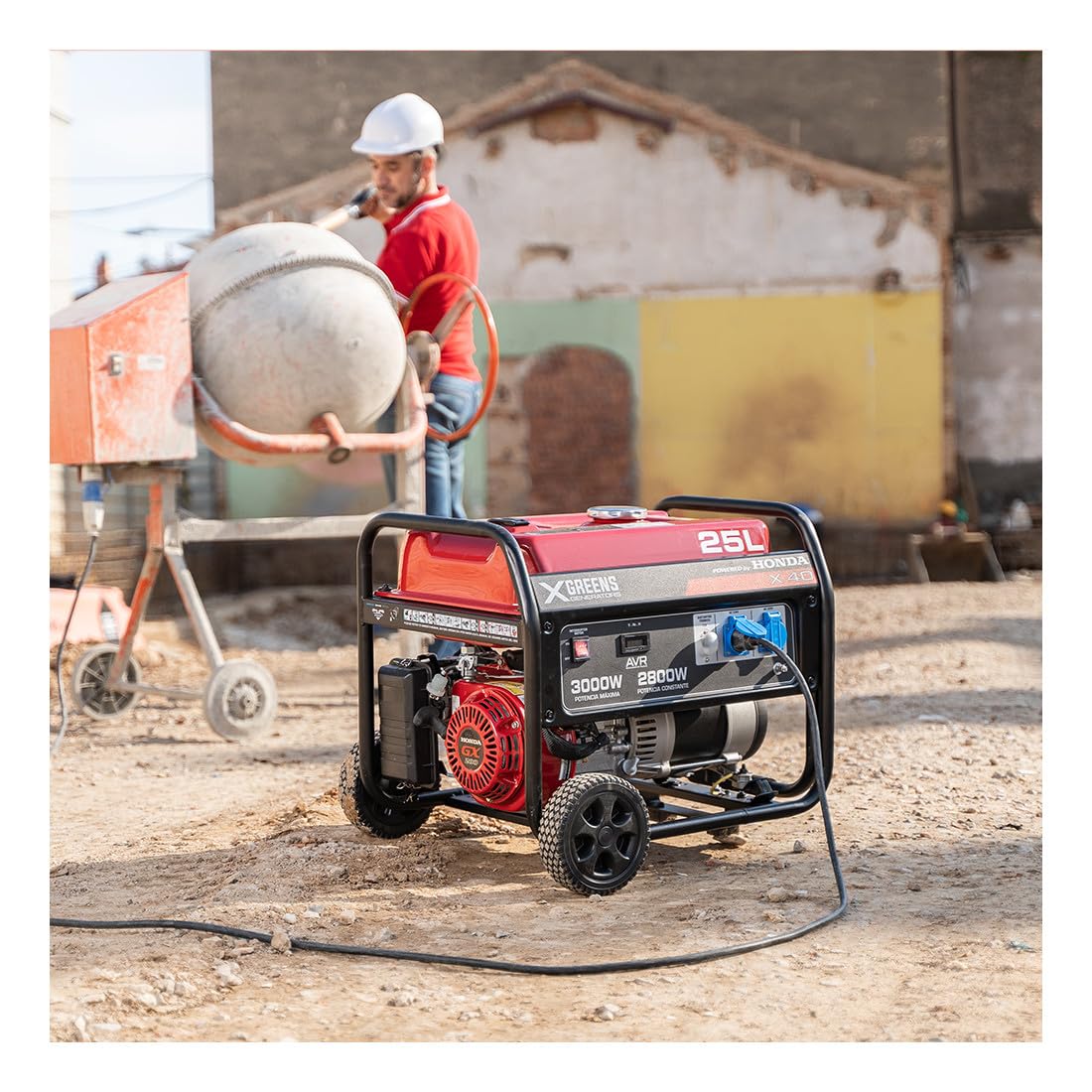 Generador de corriente (gasolina) X40 (máx. 3.000W, depósito 25 l, AVR, Powered by Honda, ruedas, alerta aceite, monofásico, 2 tomas 230V, protección térmica y panel digital)