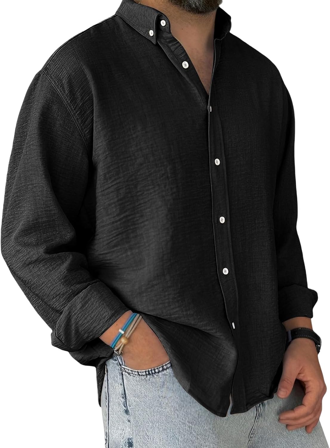 Ymosrh Men's Button Up Fall Shirts Long Sleeve Solid Casual Button Down Collar Dress Shirts, S-2XL