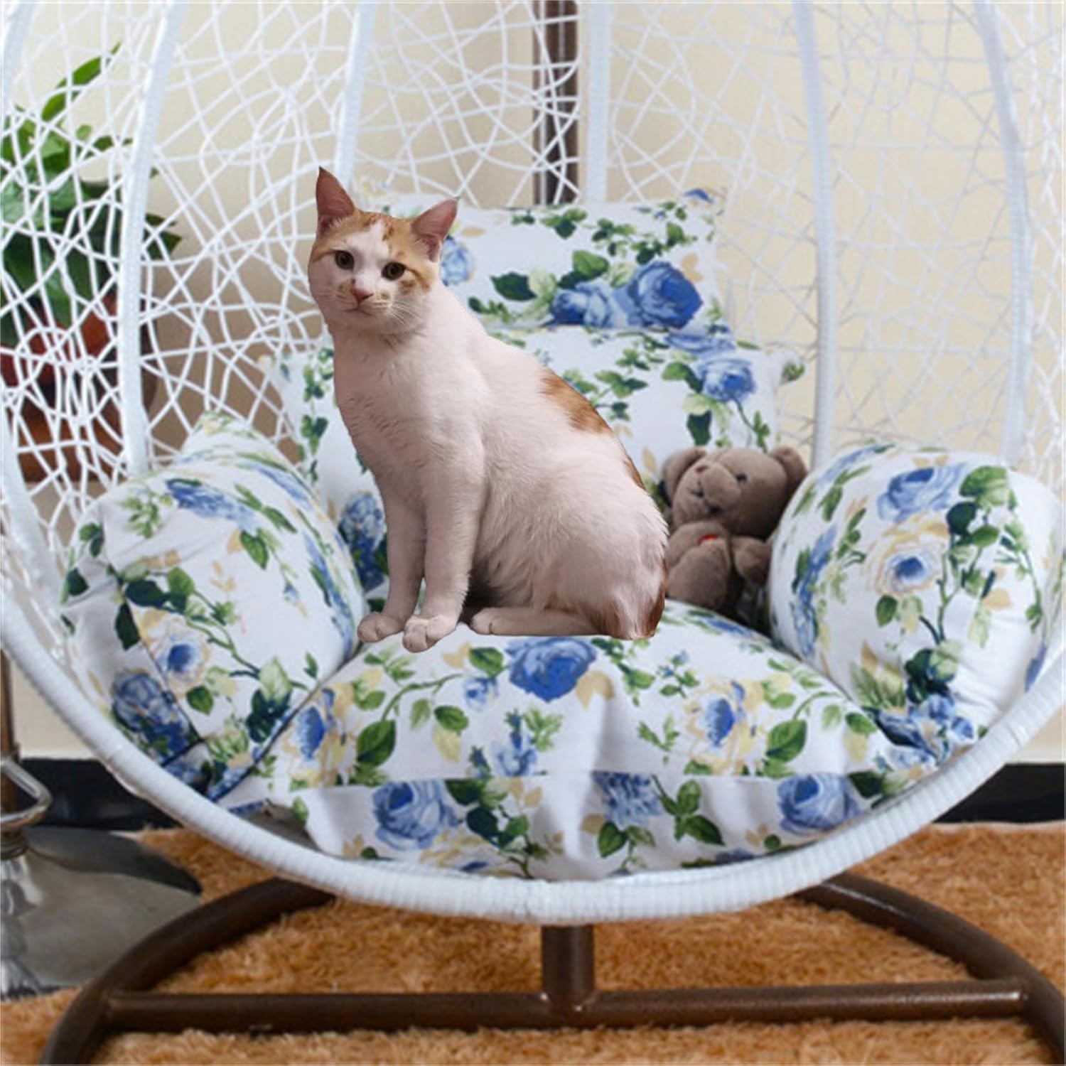 Egg Chair Cushion, Soft and Comfortable Hanging Basket Chair Cushion, Outdoor Recreation Egg Swing Chair Cushion(Peony Flowers Blue)