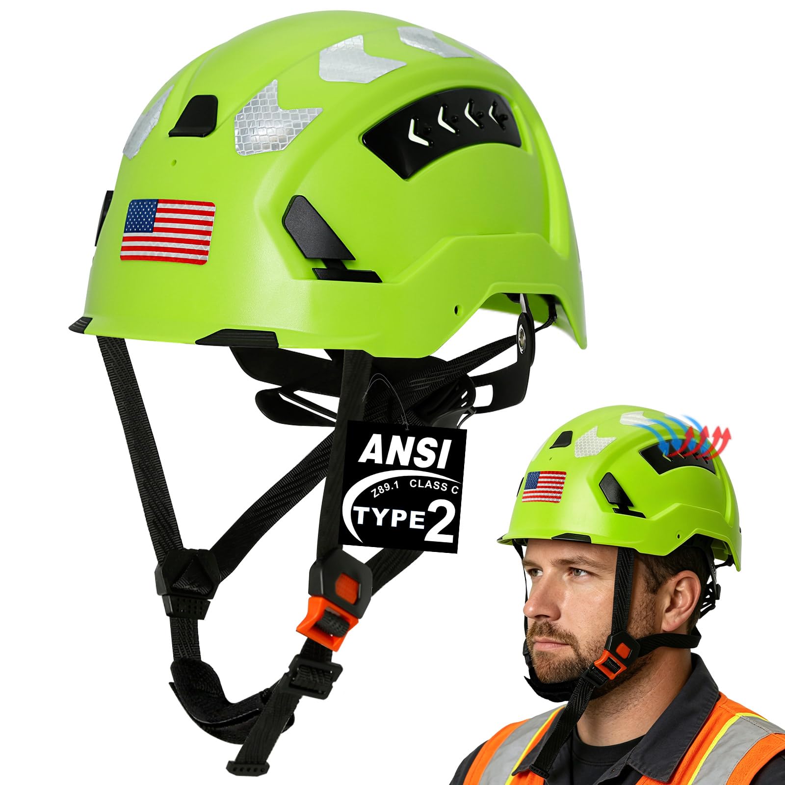 Aolamegs Type 2 Hard Hat with Chin Strap - ANSI Z89.1 Type II Class C OSHA Approved Construction Safety Helmet, EPS Foam Liner Vented Arborist Helmet for Constructor Ironworkers Workers