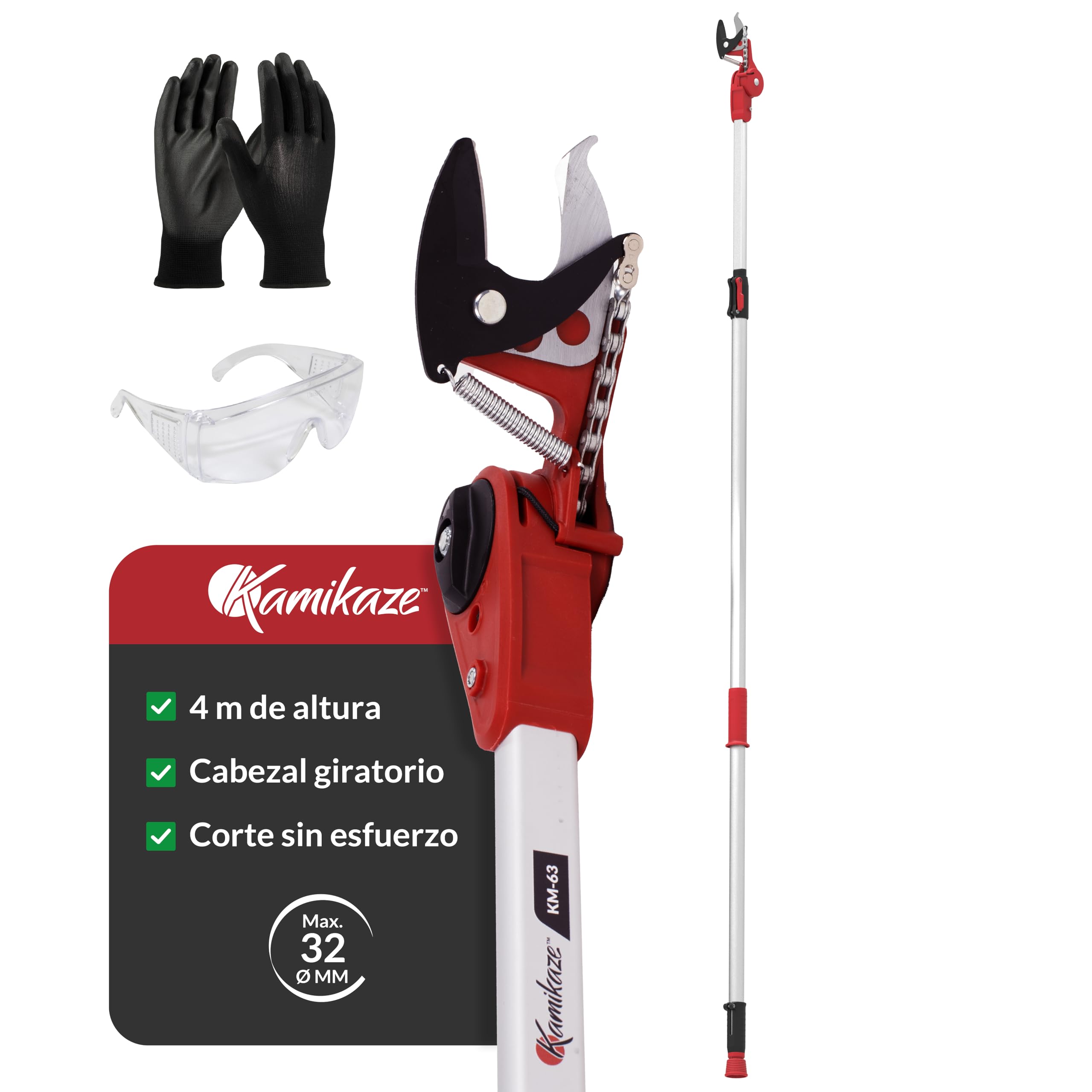 KAMIKAZE Scissor in Height Telescopic Pole Adjustable Length 2.4 m to 4 m. KAMIKAZE Pulleys Mechanism Force Reducer Cutting Swivel Head Blades SK5 Steel up to 32 mm. Cuts Branches Telescope