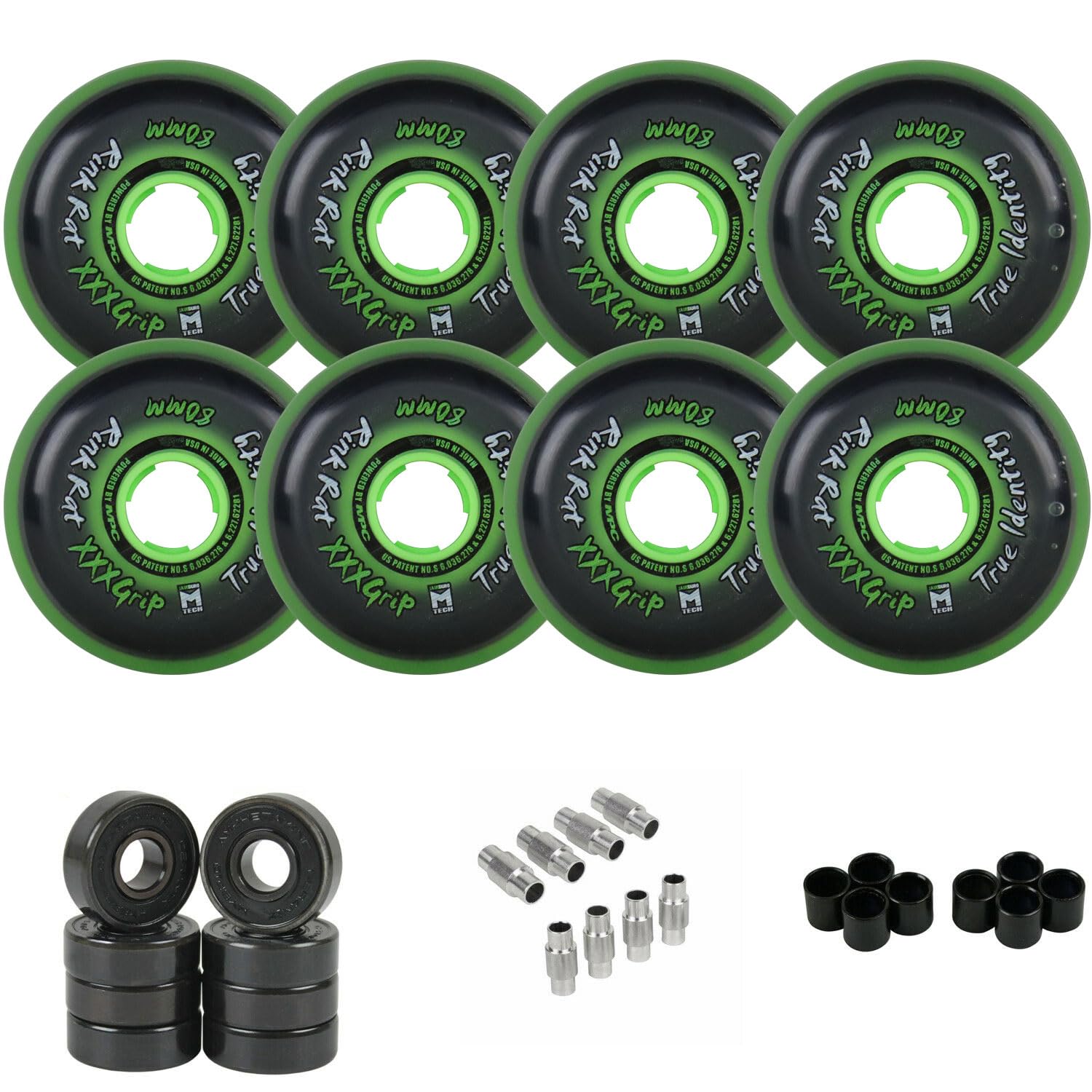 TGM Skateboards Rink Rat Wheels 80mm 76A True Identity XXX 8-Pack Inline Indoor Roller Hockey + Bearings/Spacers