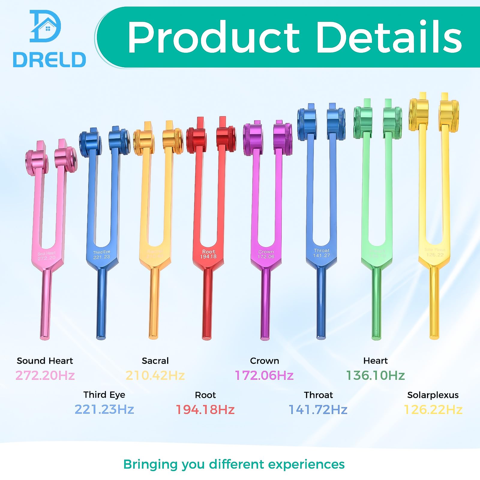 Chakra Tuning Fork, 7 Chakra and 1 Soul Purpose Weighted ColorfulTuning Forks - With Handbag, Activator and Wooden Sound Box