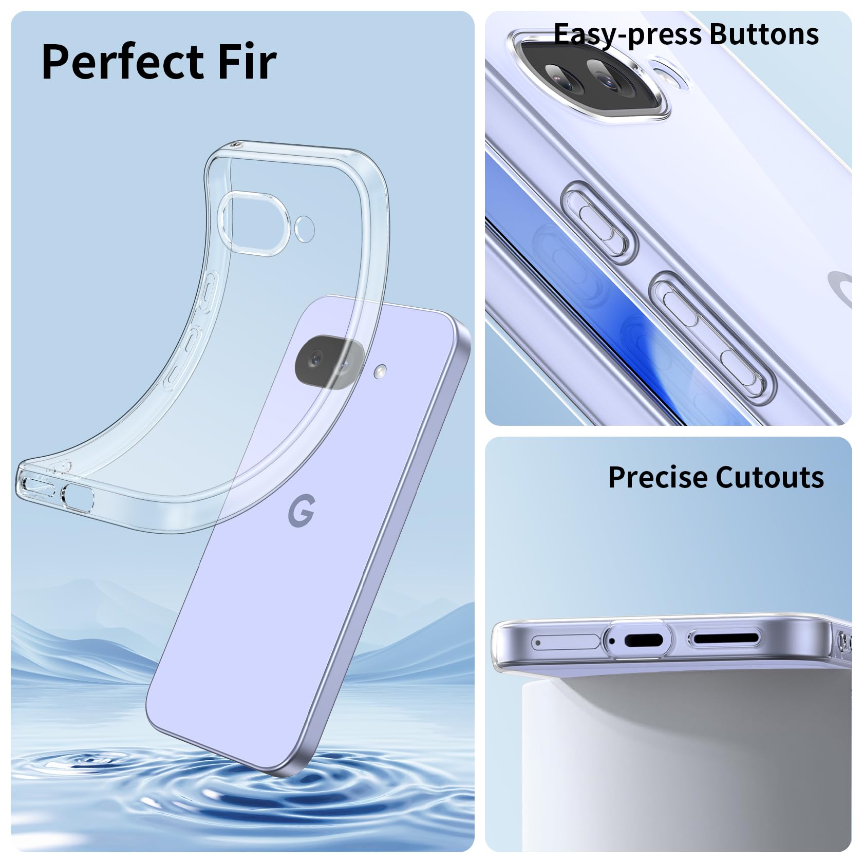 FLLAO Cover Compatibile con Google Pixel 9A 5G con 3 Pellicola Vetro Temperato, Custodia Trasparente Ultra Sottile Silicone TPU Morbido Case Protettivo Trasparente