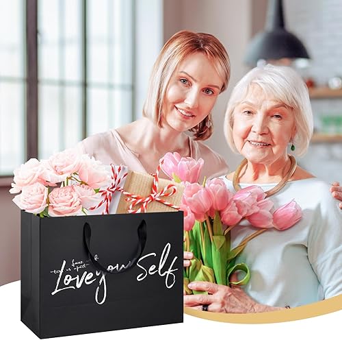 Miniatura 6 de Ohuimrt Bolsas de regalo grandes de 16 x 6 x 12 pulgadas con papel de seda, 12 bolsas de papel kraft negro con asas, bolsas de regalo a granel para