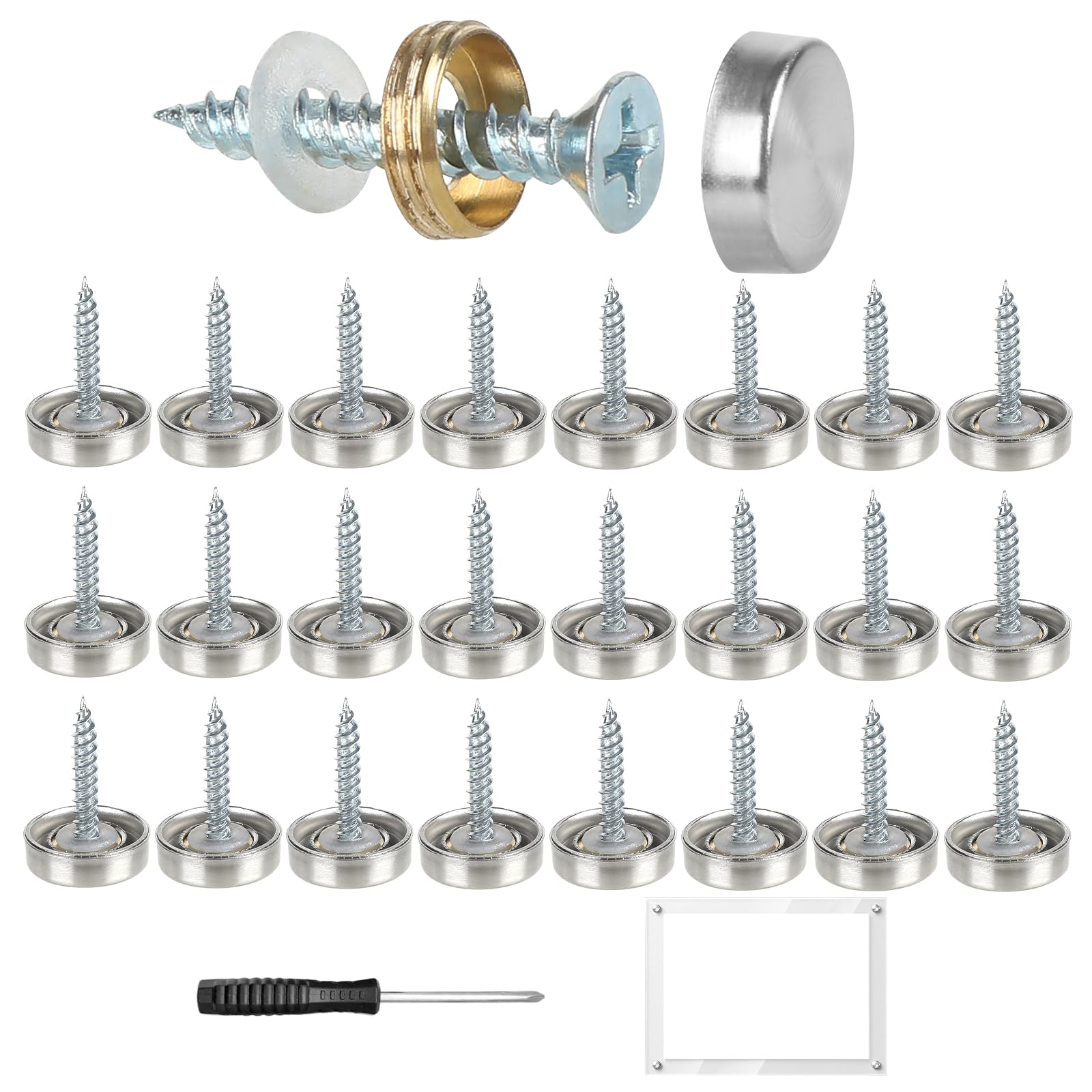 24 Sets Mirror Screws, 304 Stainless Steel, 16 mm, with Screwdriver