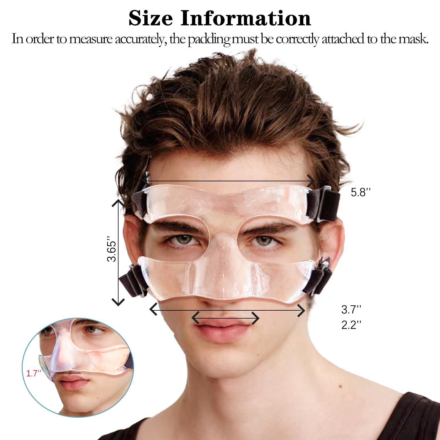 Protezione viso sportiva, protezione naso per naso rotto, pallacanestro, calcio, softball, allenamento, maschera con imbottitura in schiuma, per uomini e donne, apertura trasparente
