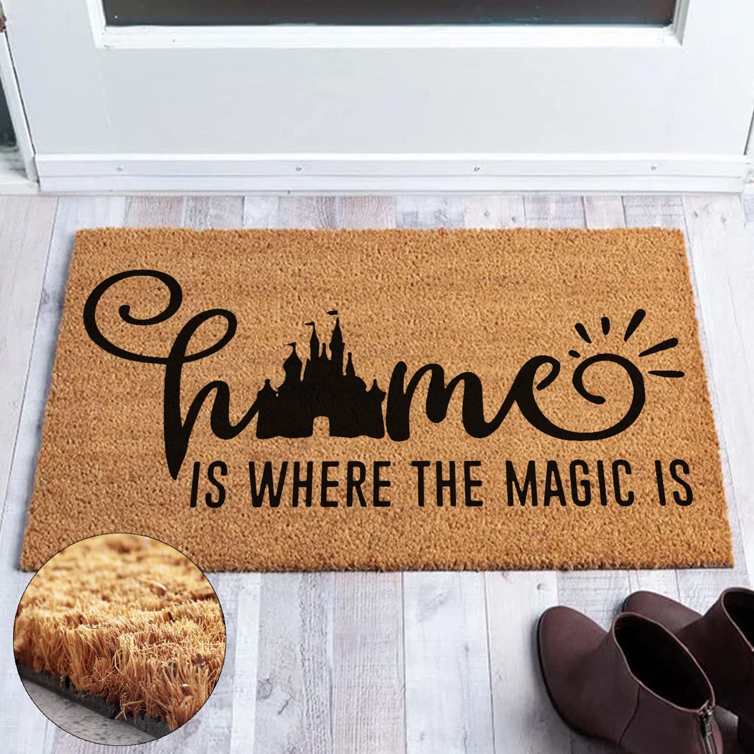 Funny Coir Doormat - Home is Where the Magic Is Welcome - Heavy-Duty PVC Back Non Slip Outdoor Coconut Coir Doormat - 23.6 x 15.7 inch