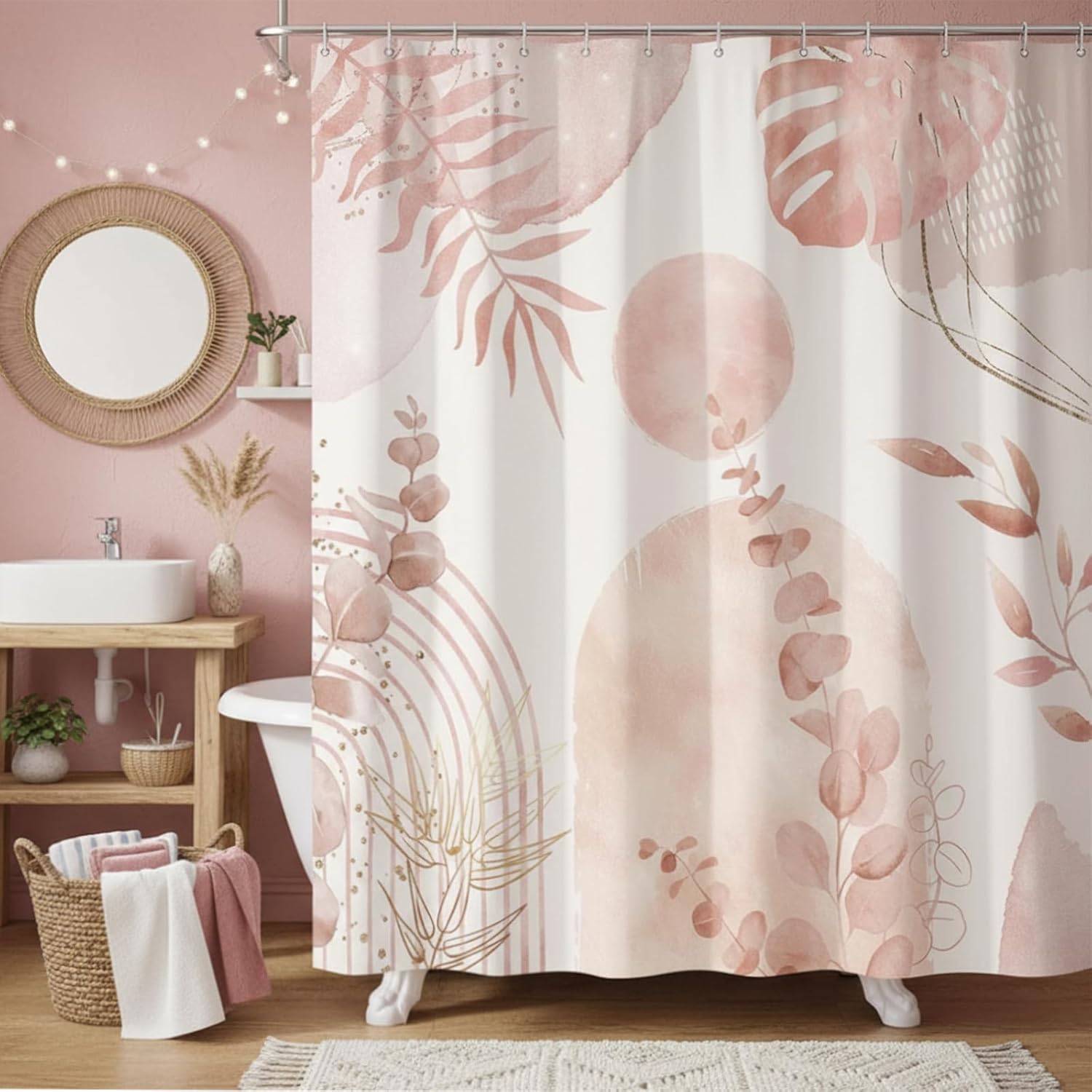 Sage Green Boho Shower Curtain, Abstract Bohemian Mid Century Modern Tropical Palm Leaves Shower Curtain Set, Gold Geometric Plant Minimalist Polyester Bathroom Decor Bath Curtains with Hooks,72X78