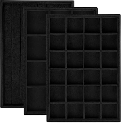 Rocutus Bandejas de joyería, paquete de 3 bandejas apilables de terciopelo organizador de joyas, bandeja organizadora de anillos divididos para