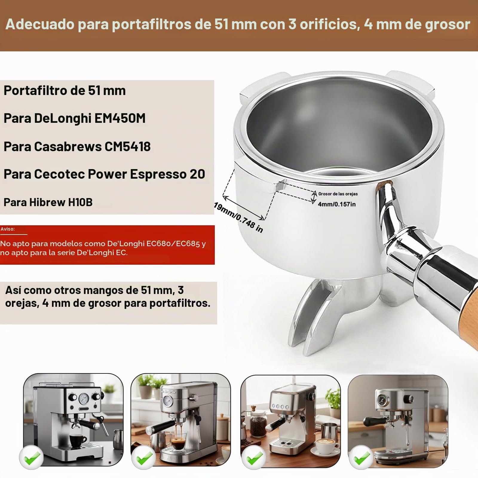 Portafiltro de 51 mm para cafetera DeLonghi EM450M, 3 orejas 4mm de espesor, Para Casabrews CM5418/Cecotec Power Espresso 20, soporte de filtro de acero inoxidable con mango de madera premium