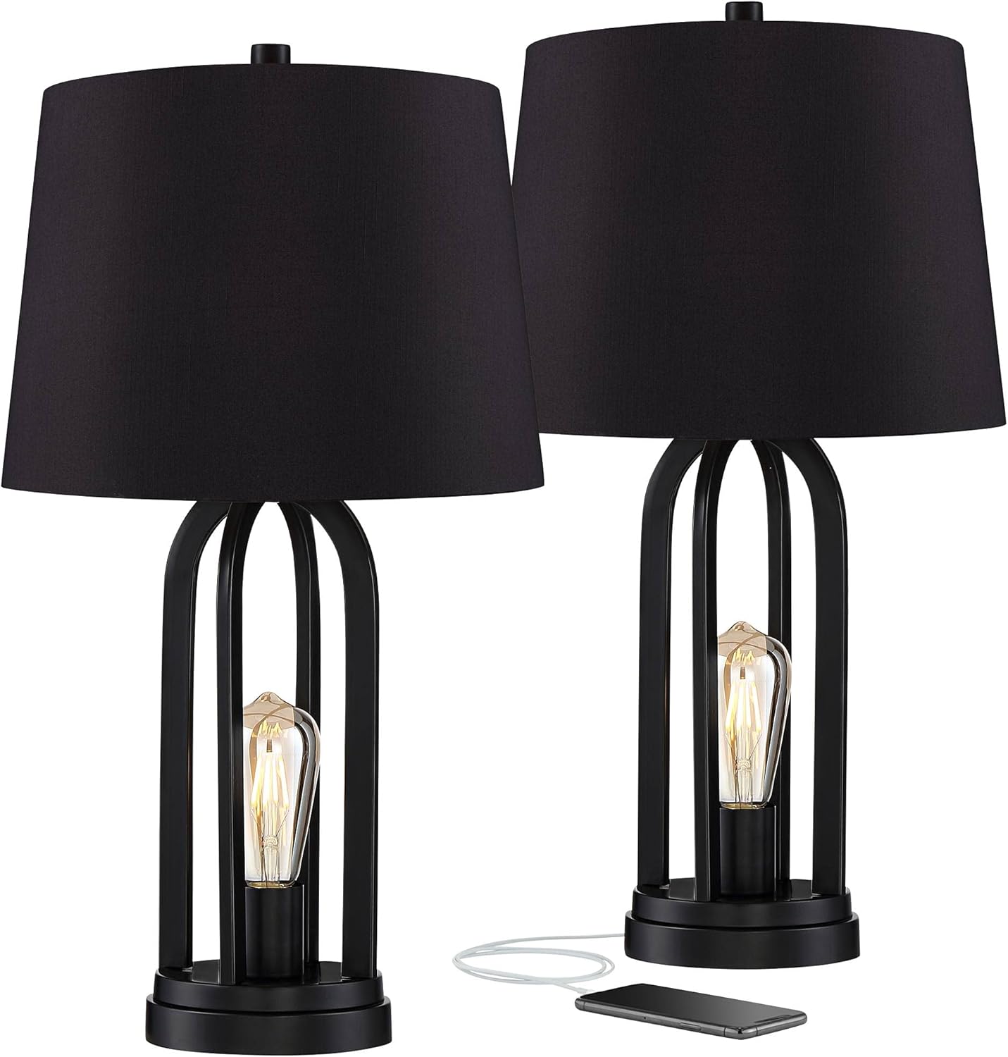 360 Lighting Marcel Industrial Modern Table Lamps 24.25" High Set of 2 with USB Charging Port and Nightlight LED Black Metal Faux Silk Drum Shade for Living Room Desk Bedroom House Bedside