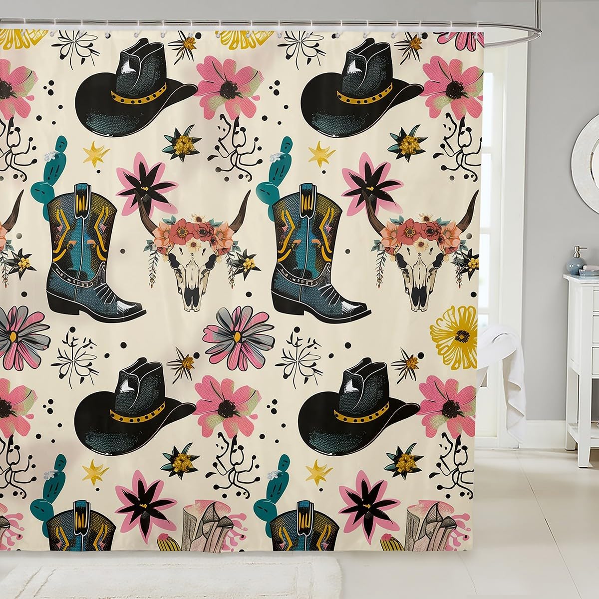 Manfei Cowboy Shower Curtains Cowboy Boots Bathroom Curtains for Kids Girls Room Decor, Wild West Cactus Flower Cowgirl Waterproof Bath Curtains with 12 Hooks Suits for Bathtub, 72" W x 84" L
