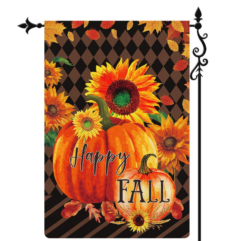Coskaka Happy Fall Garden Flag,Fall Pumpkin Harvest Sunflowers Vertical Double Sided Rustic Farmland Burlap Yard Lawn Outdoor Decor 12.5x18 Inch