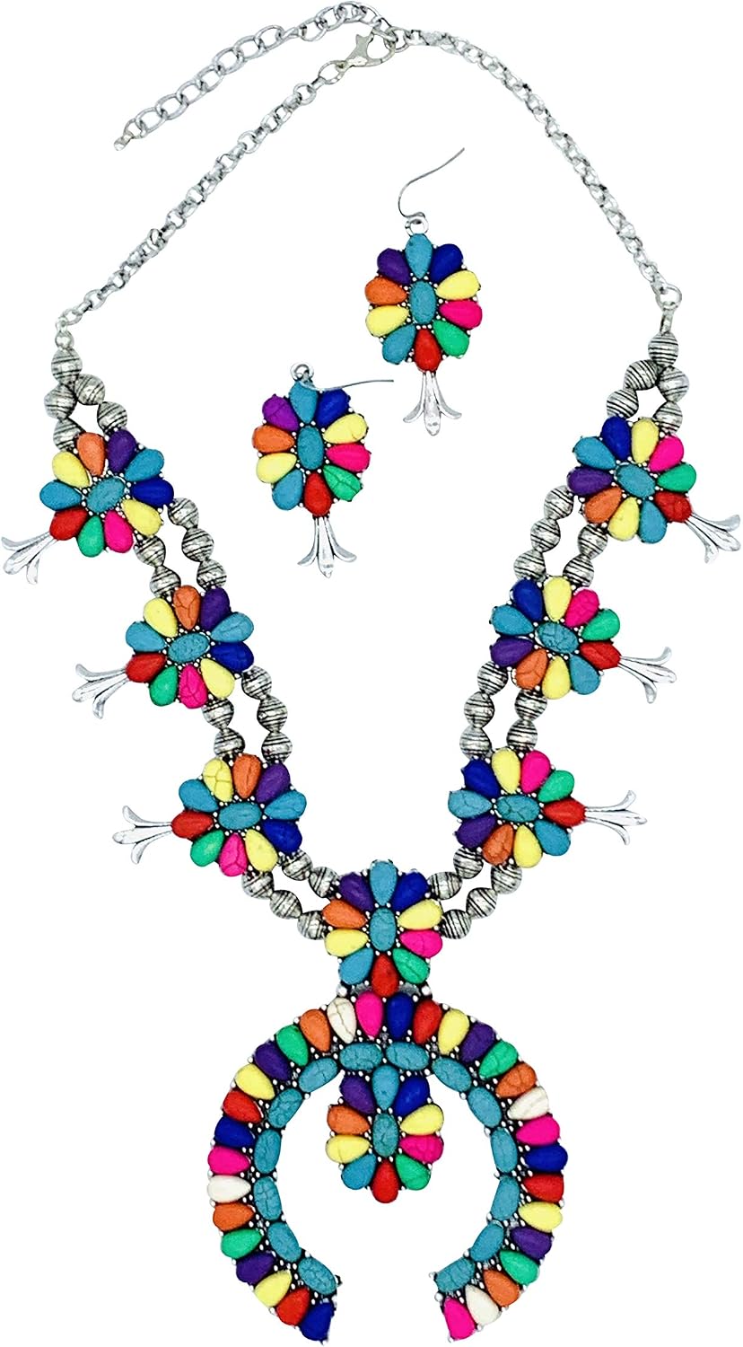 Jayde N' Grey Turquoise Squash Blossom Navajo Bohemian Womens Southwestern Statement Choker Necklace & Earrings Bundle: Set & Jewelry Bag