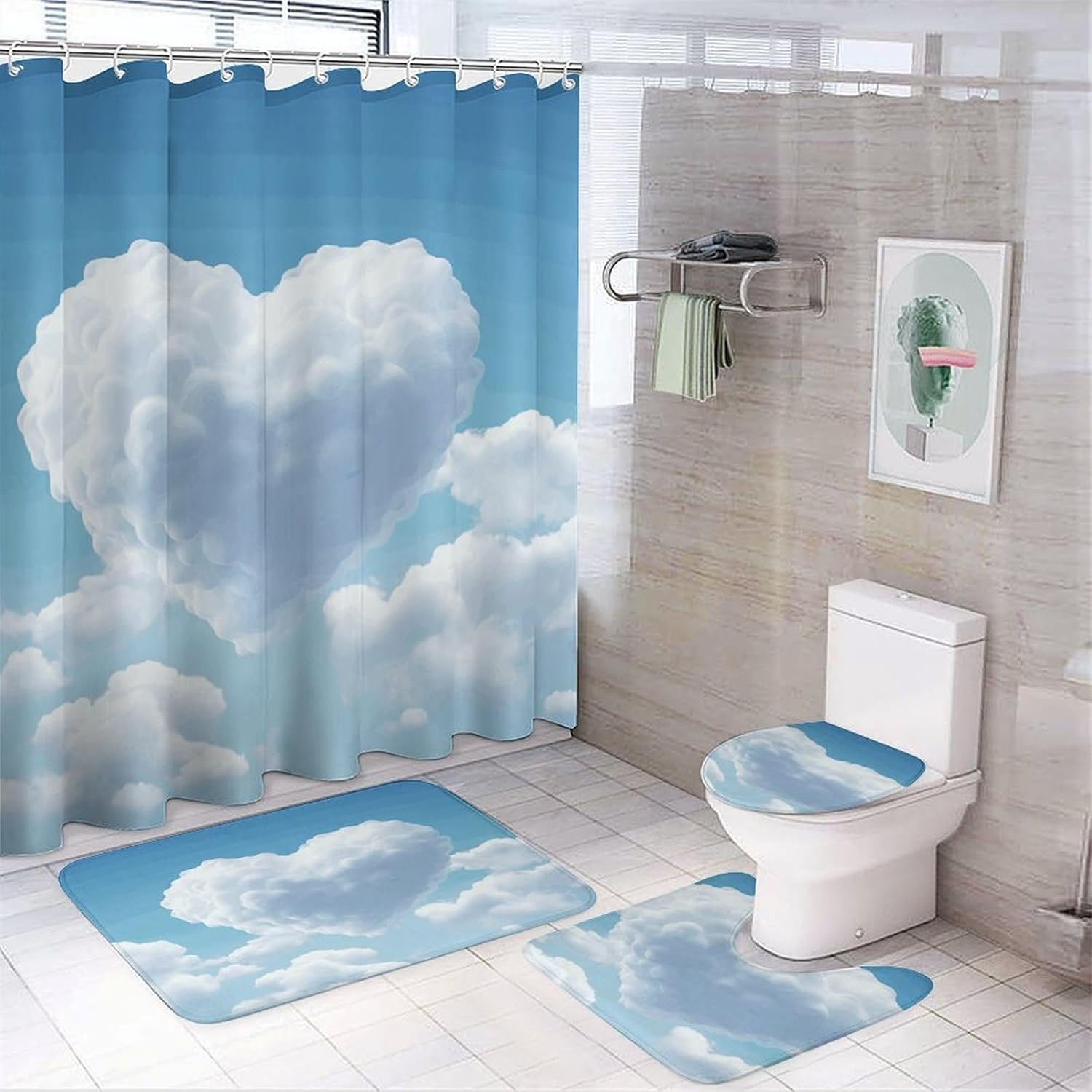 Floating in The Sky 4Pcs Shower Curtain Set with Non-Slip Rugs, Toilet Lid Cover and Bath Mat,Bathroom Set Decor Accessories,Curtain Set with 12 Hooks, 72 X 72 Inch