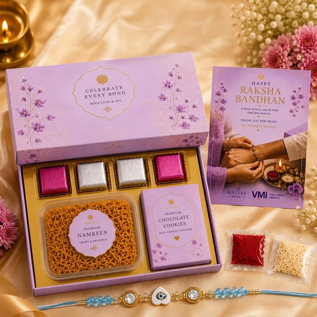 MALVAS FOOD Rakhi Gift Hamper for Brother | Raksha Bandhan Gift Box with Mix Namkeen, 4 Premium Chocolates, Cookies, Designer Rakhi, Roli Chawal & Greeting Card | Ready-to-Gift Festive Combo-image-49