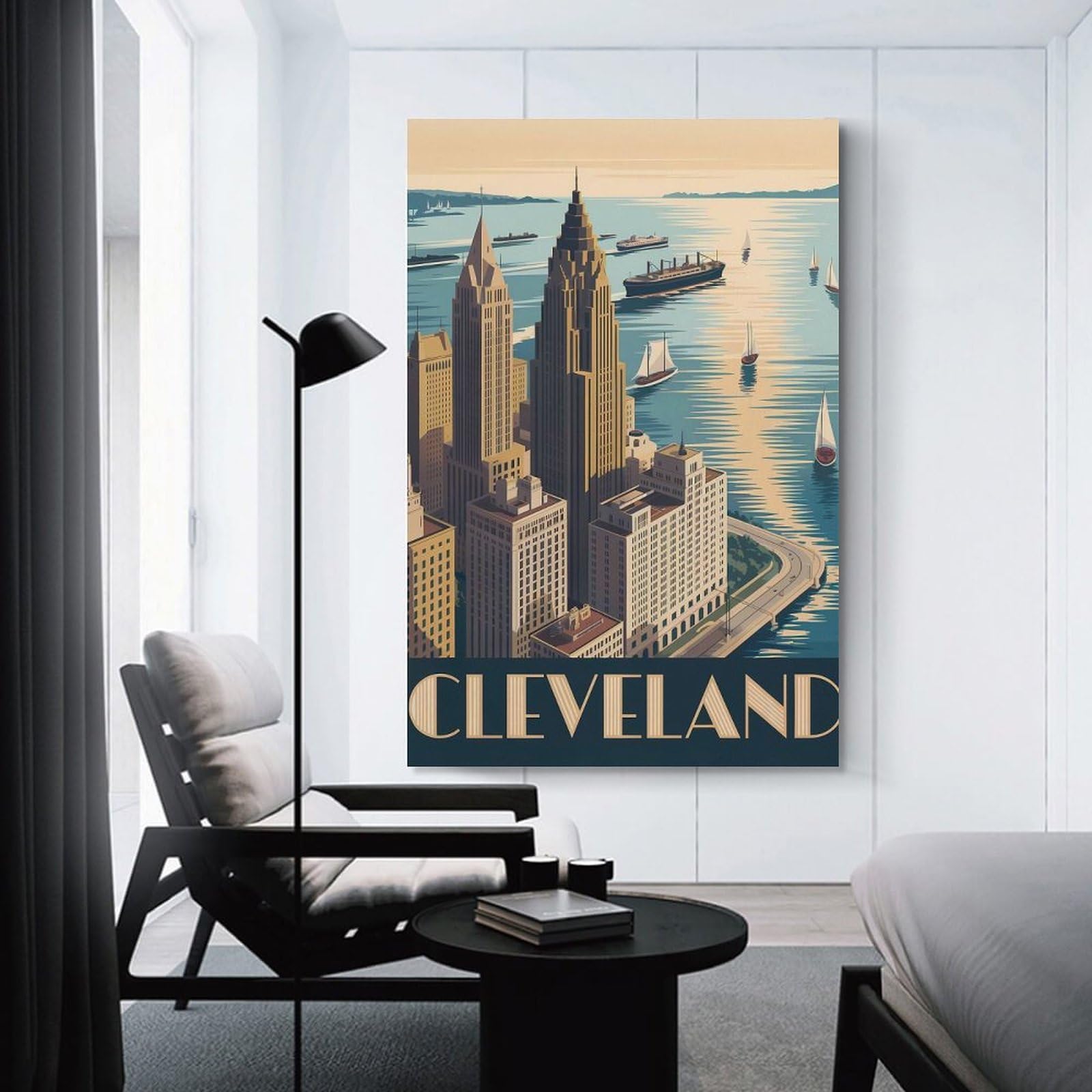 Junmoney Cleveland Cityscape Art Deco Style Wall Art Print 20x30inch(50x75cm), for Hallway, Entryway Or Landing, A Neat Decor Update for Hallways, for Everyday Interiors