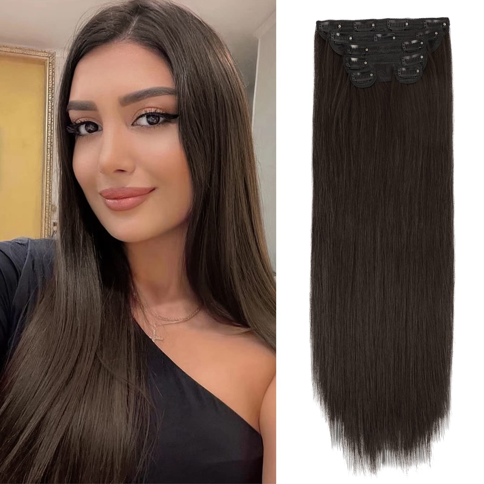 Amazon.com : WECAN Clip in Hair Extension 22 Inch Dark Brown 