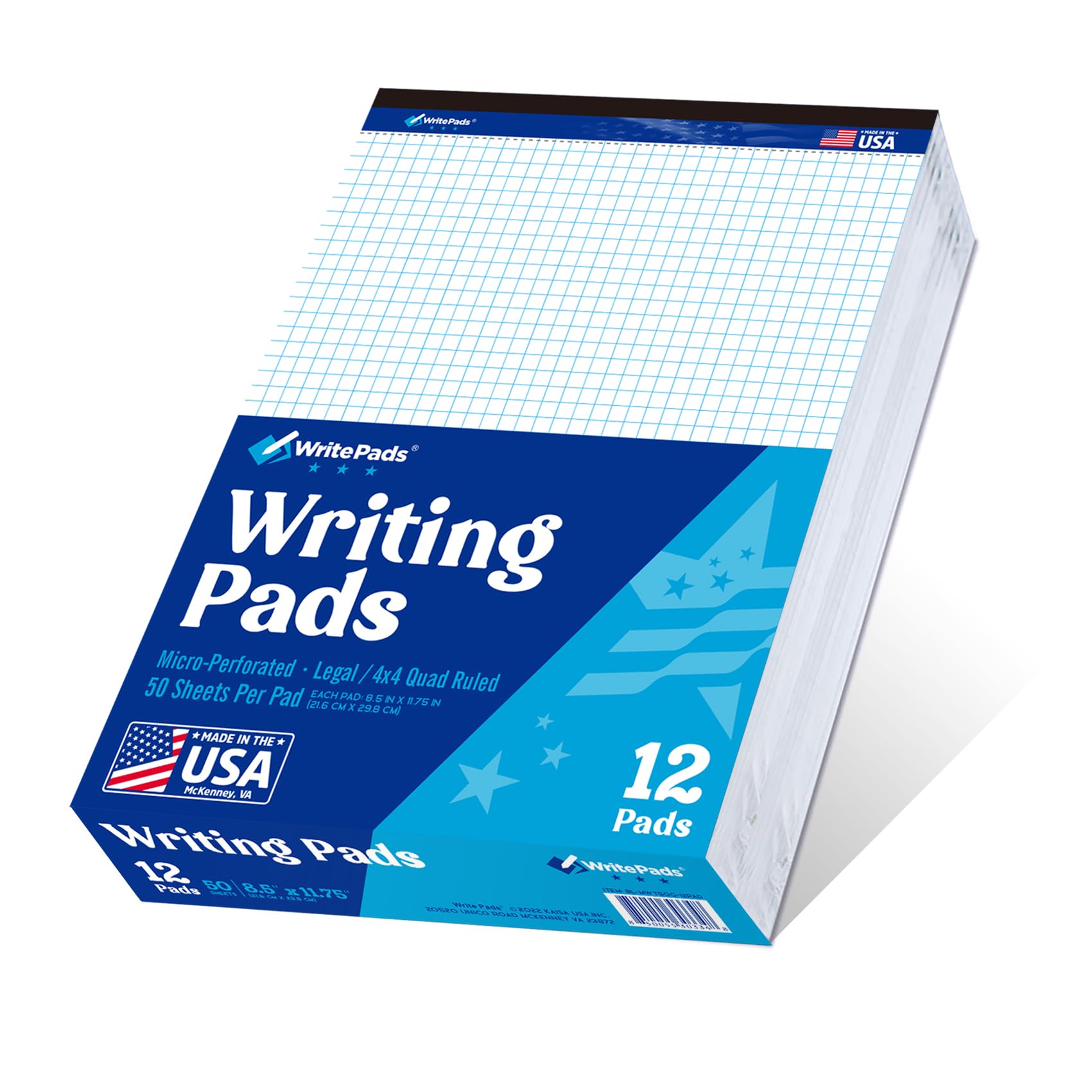 WritePads KAISA - Blocco per appunti a quadretti, a righe, 21,6 x 27,9 cm, blocco per appunti in carta, 12 blocchetti bianchi, BL-MWT50Q-12, prodotti negli Stati Uniti.
