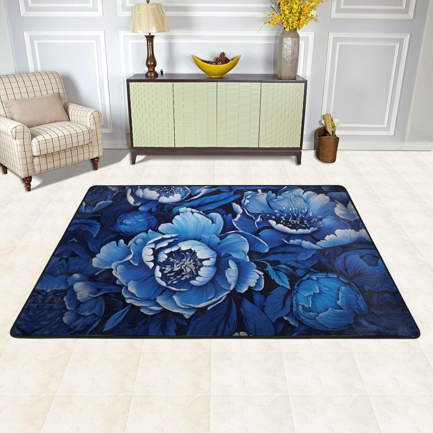 Blue and White Peony Prints Anti-Slip Floor mat Carpet Rug 72"x48" for Living Room Office Coffee Table Bed Balcony