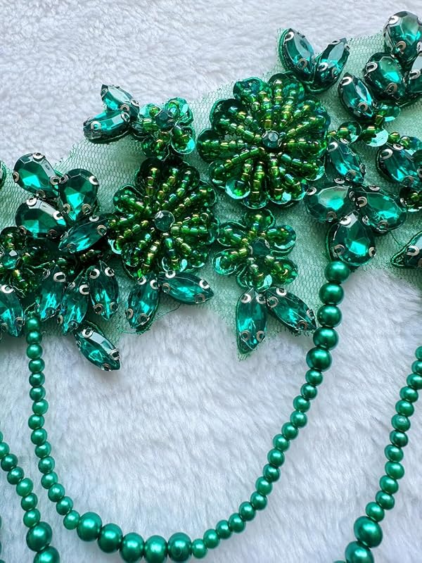 1 Pair Beaded Rhinestones Applique Embellishment for Clothes Epaulettes Shoulder Patches Sew-on Diamond Sequin Tassels Applique for Wedding Dress DIY Accessories 9.8X10.2inches (Deepgreen) by wtbv.n - Image 4