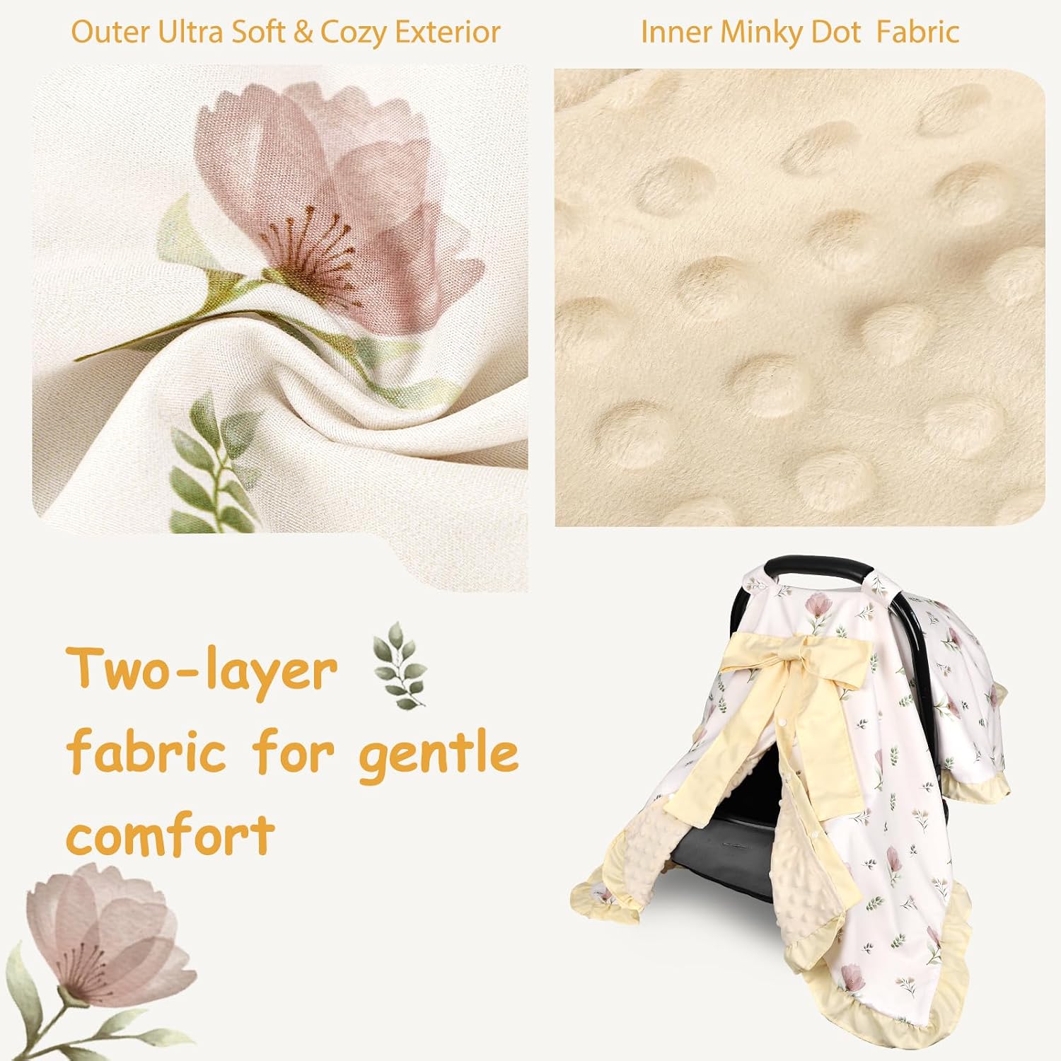 SWESEN Summer Baby Car Seat Cover for Girls, Ruffle Carseat Covers for Baby Girls, Beautiful Baby Car Seat Canopy Cover with Removable Bow, Floral