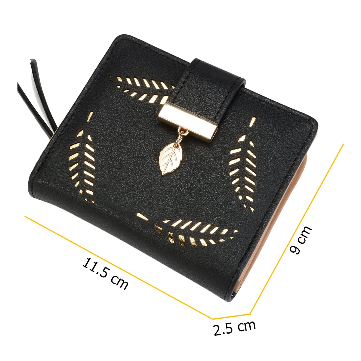 INOVERA (LABEL) Black Vegan Leather Women's Leaf Bi-fold Card Coin Holder Small Purse Clutch Wallet (KK23) 4