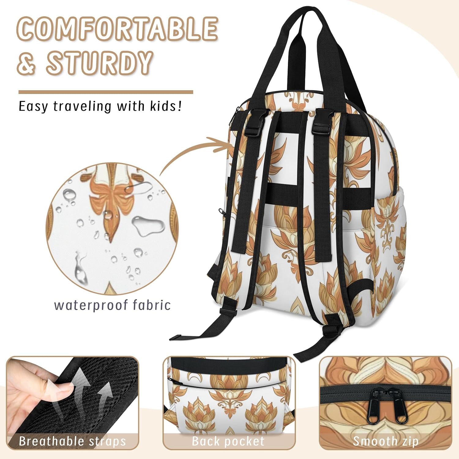Lotus Diaper Bag Backpack Essentials Travel Tote Multifunction Waterproof Bag with Stroller Straps USB Charging Port Floral
