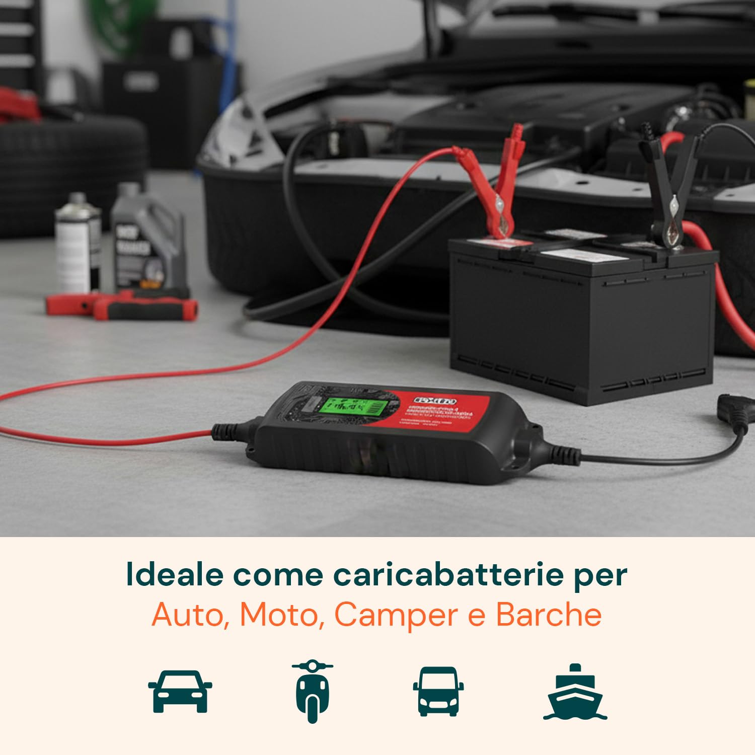 Avilia Caricabatterie per Auto e Moto LCD 3-in-1 per Batterie al Piombo - Caricatore FastCharge, con Mantenitore di Carica e Carica Lenta, Protezione IP65, 6-12V