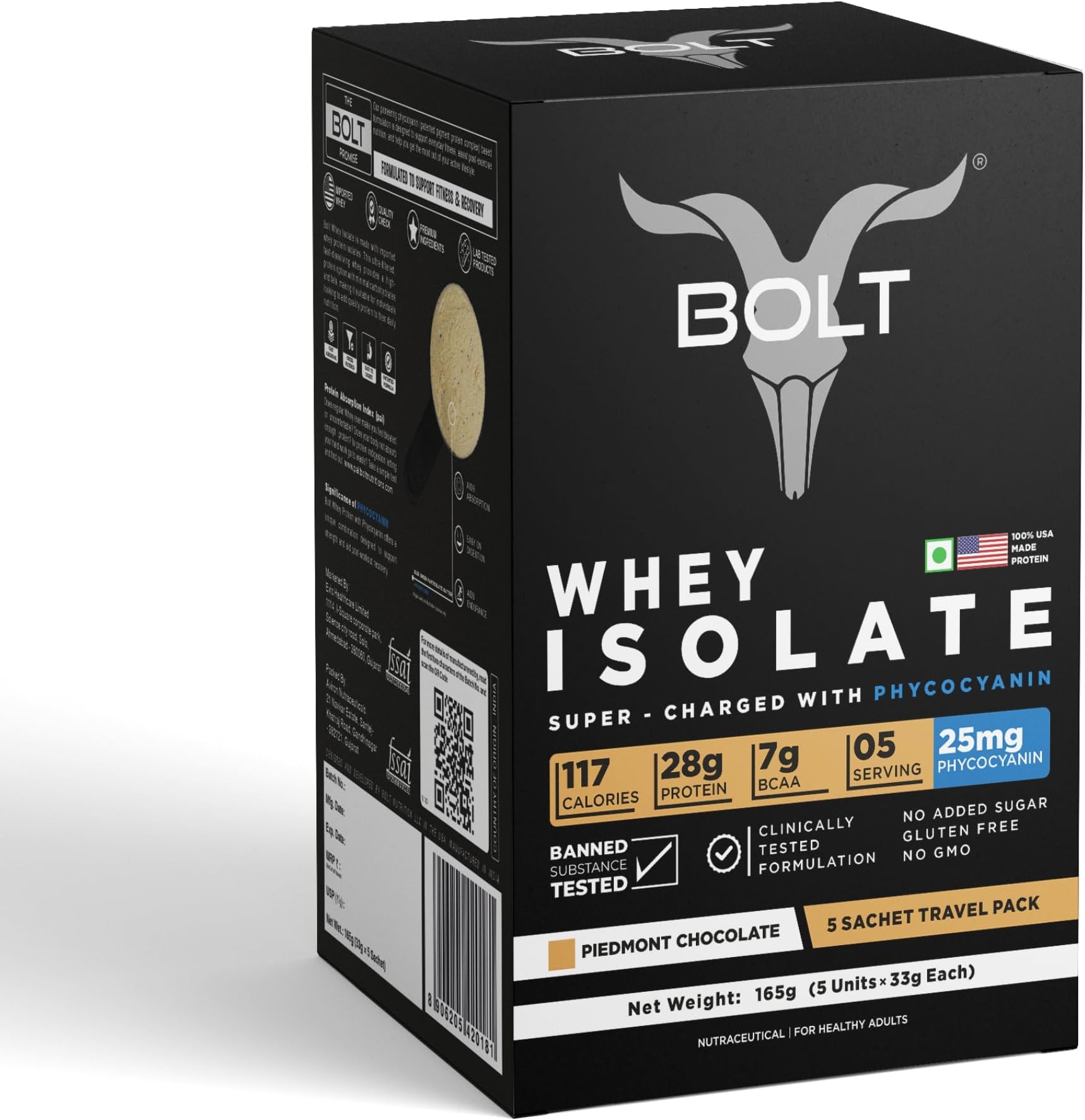 Bolt Whey Protein Isolate Powder | 5 Sachet Travel Pack (5ร33g) | Piedmont Chocolate | 28g Protein per Serving | 7g BCAA | Muscle Support & Recovery | No Added Sugar | Gluten-Free | Easy to digest