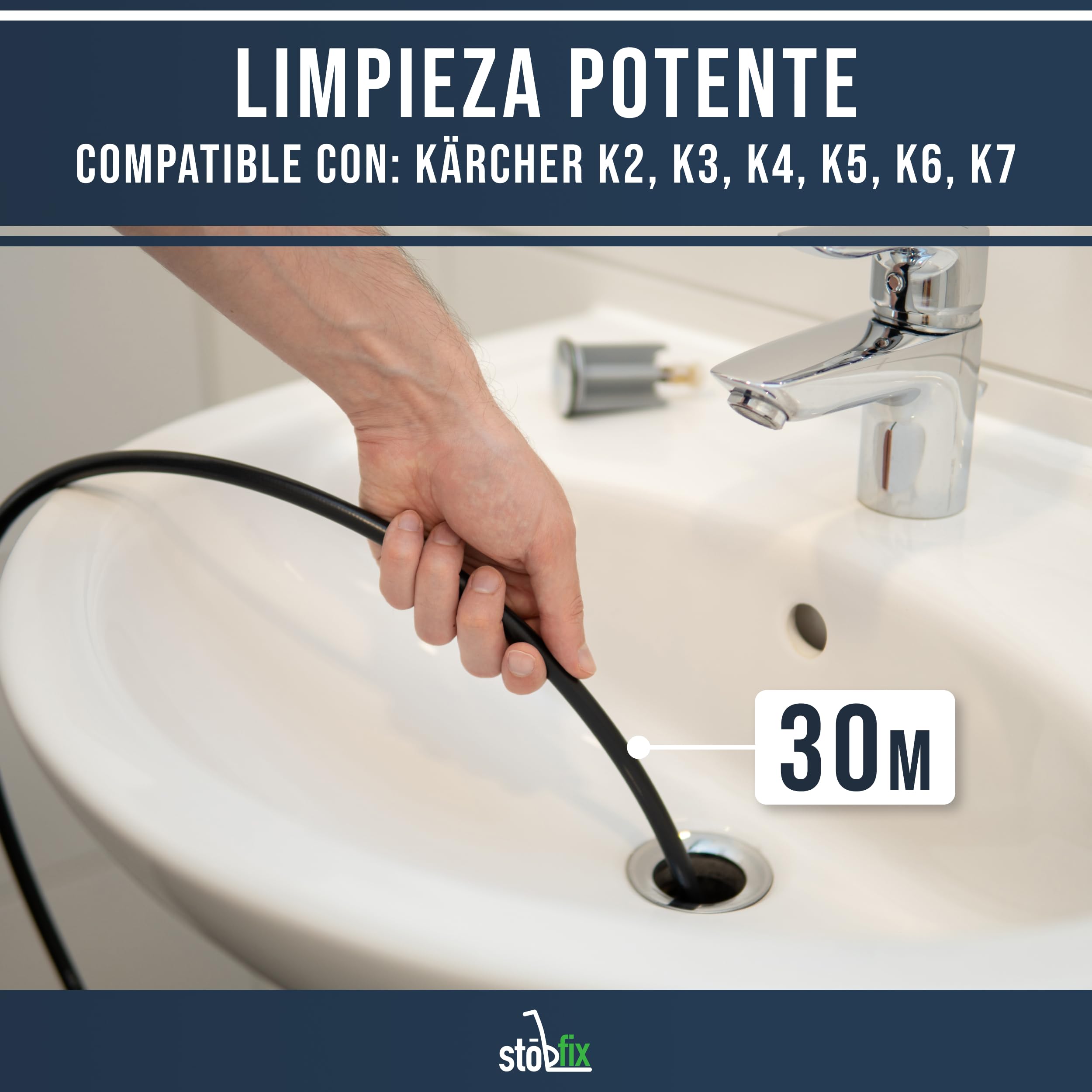 Manguera de limpieza de tuberías de 30 m para limpiadoras de alta presión Kärcher Juego de limpieza de tuberías adecuado para K2, K3, K4, K5, K6, K7, 2 boquillas y adaptador de bayoneta.