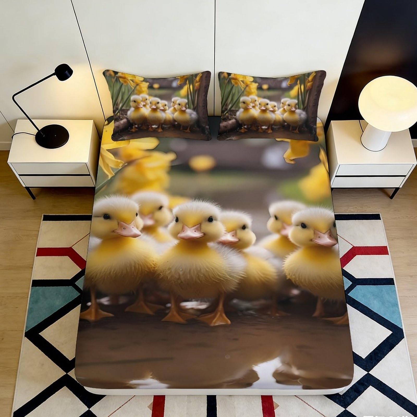 3D Printed Duck Family Fitted Sheet Microfiber Soft Anti-Slip Cute Yellow Duckling Bed Cover for Bedroom Dorm Decor 90x200x25cm