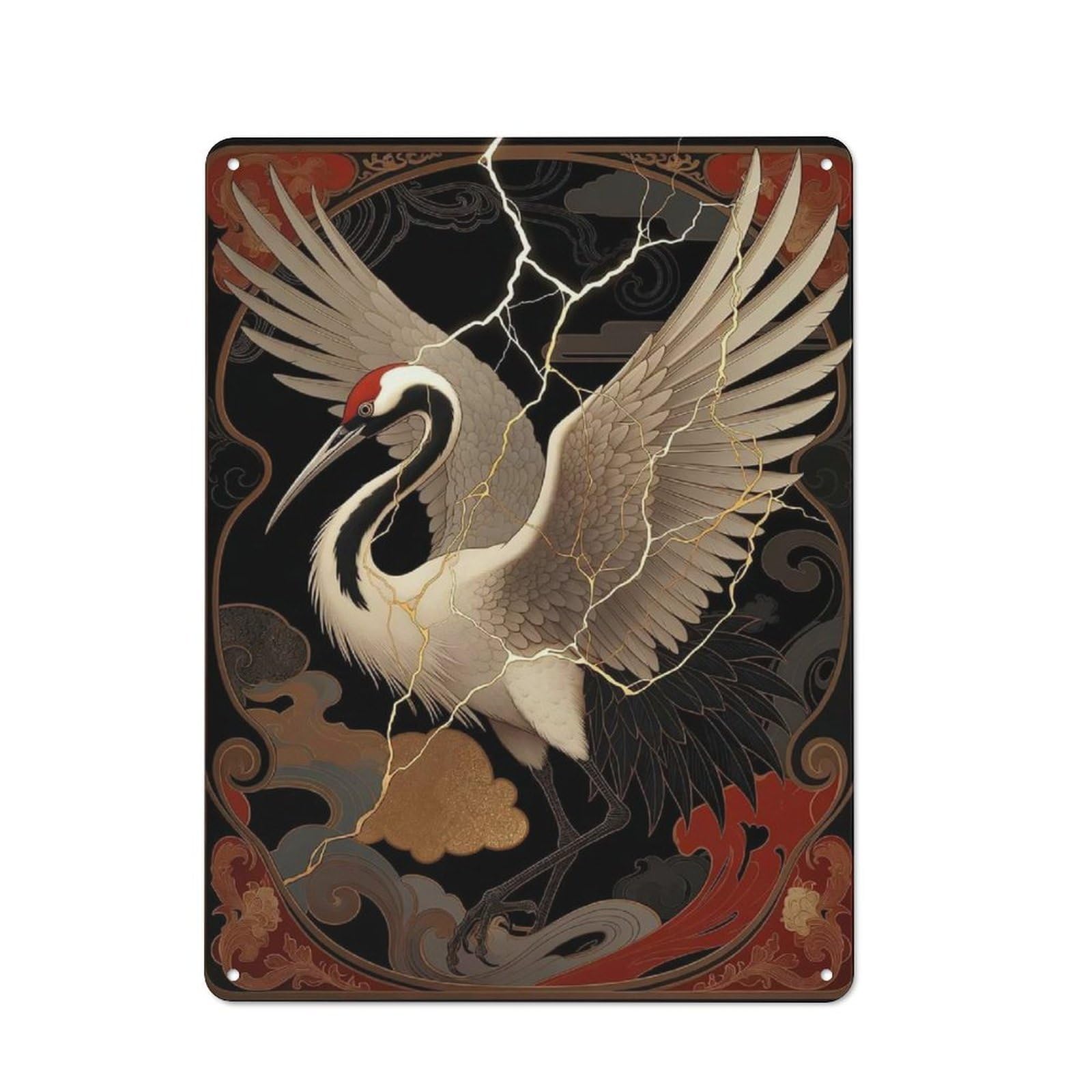 For Hobby Room Or Studio, Kintsugi Crane Rustic Metal Sign 40x30cm, for Creative Interior Collectors Refreshing A Room in Autumn
