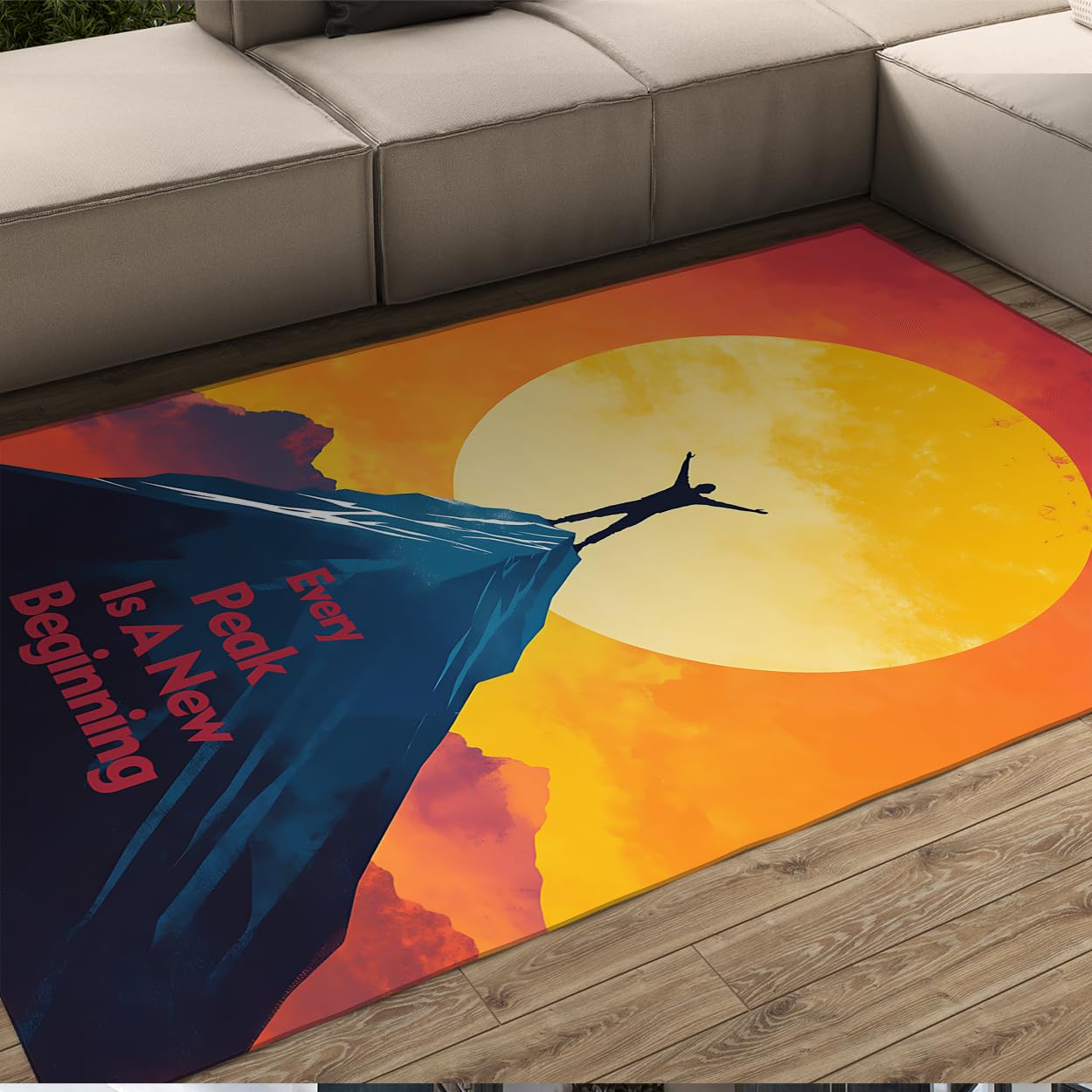Dywan motywacyjny Mountain Peak, antypoślizgowy dywan do salonu, 160 x 230 cm, nadaje się do prania w pralce, cienki, składany dywan do sypialni, duża płaska mata, inspirujący cytat sukcesu
