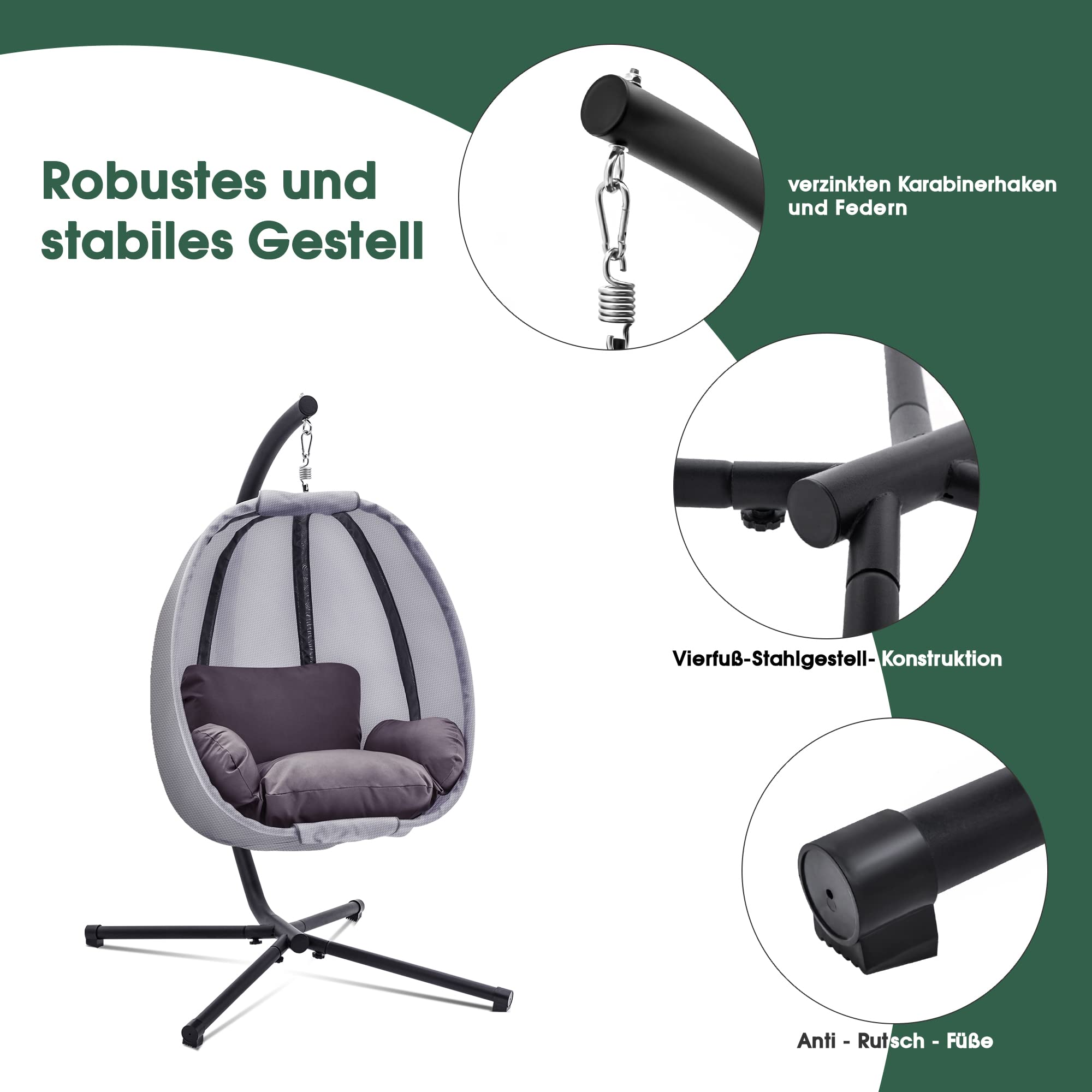 MCombo Hängesessel Hängestuhl Schaukel Korb inkl. Gestell Hängekorb Kissen 8072 Grau