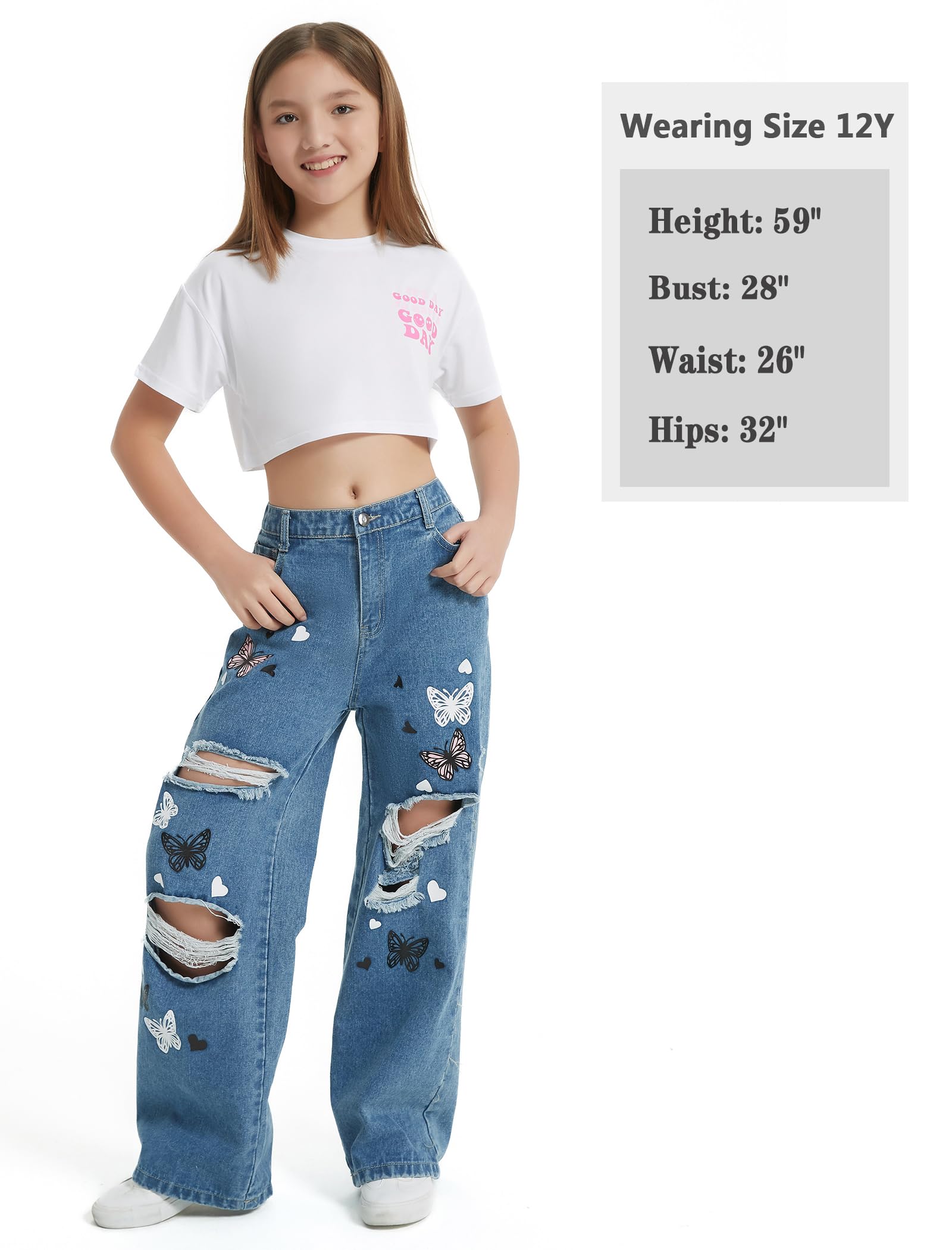 EXARUS Pantalones de mezclilla holgados para niñas, pierna ancha, acampanados, ajustados, para adolescentes, ropa de mezclilla rasgada, ropa preppy casual, para niños de 6 a 14 años