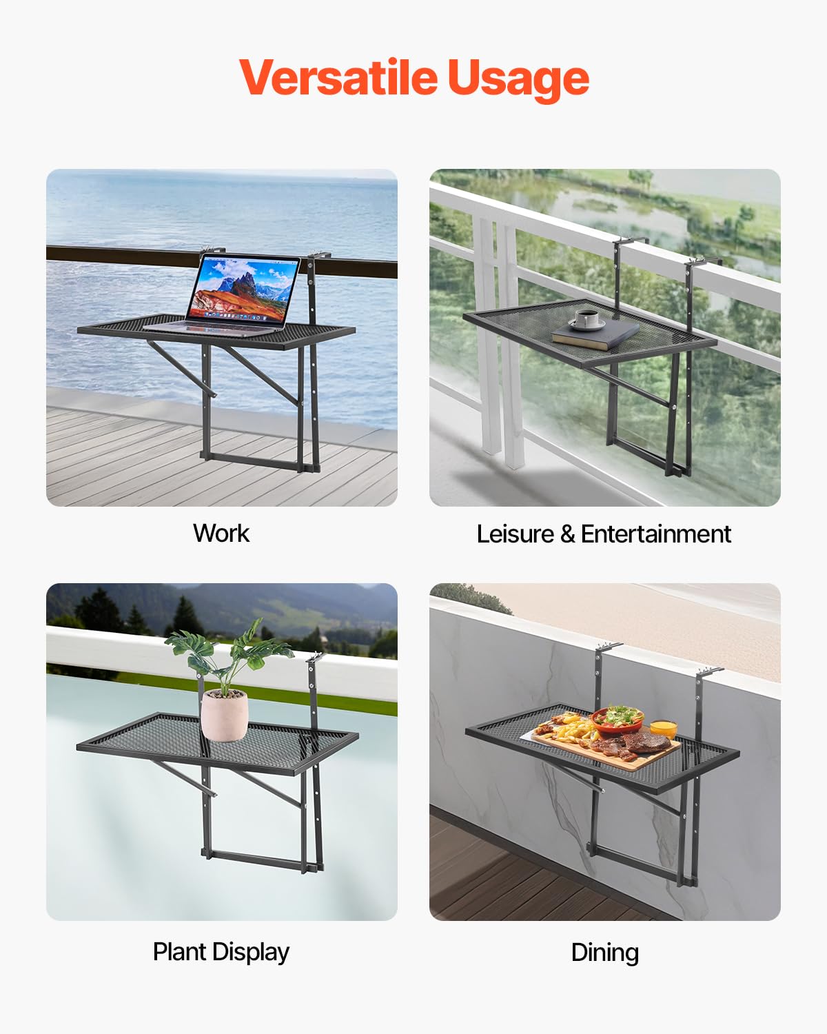 VEVOR Table Suspendue Balcon, 610 x 530 x 590 mm, Table de Bar Pliante Métal pour Balustrades de Balcon Extérieur, avec Plateau 610 x 410 mm, Réglable sur 5 Niveaux, pour Garde-corps de Patio Terrasse