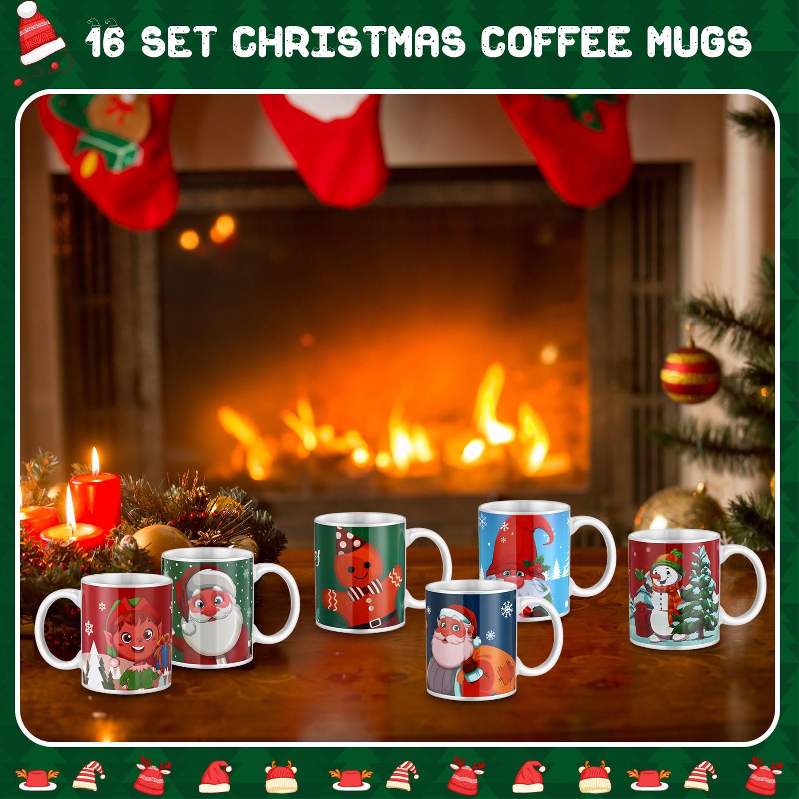 Tioncy 16 Weihnachtstassen, 325 ml, Weihnachts-Kaffeetassen, Keramik, Tee- und Kaffeetassen mit Weihnachtsmotiv, Weihnachtsmann, Weihnachtsbaum, Schneemann, als Geschenk, Urlaub, Küche, Dekoration, 16