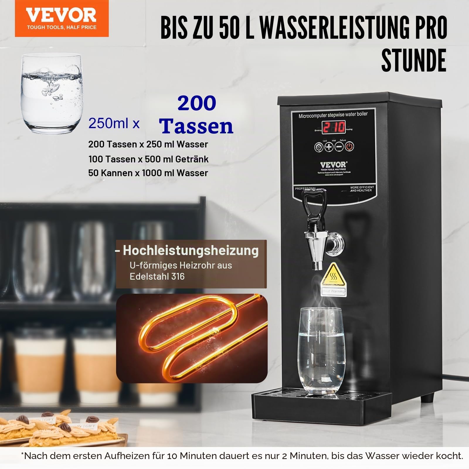 VEVOR Gewerblicher Heißwasserspender 10 L, 1,5 kW Wasserkocher Elektrisch mit Heizrohr aus Edelstahl 316, Stufenweise Schnellaufheizung 50 L/h Heißwasserbereiter für Cafés Teestuben Restaurants Büros