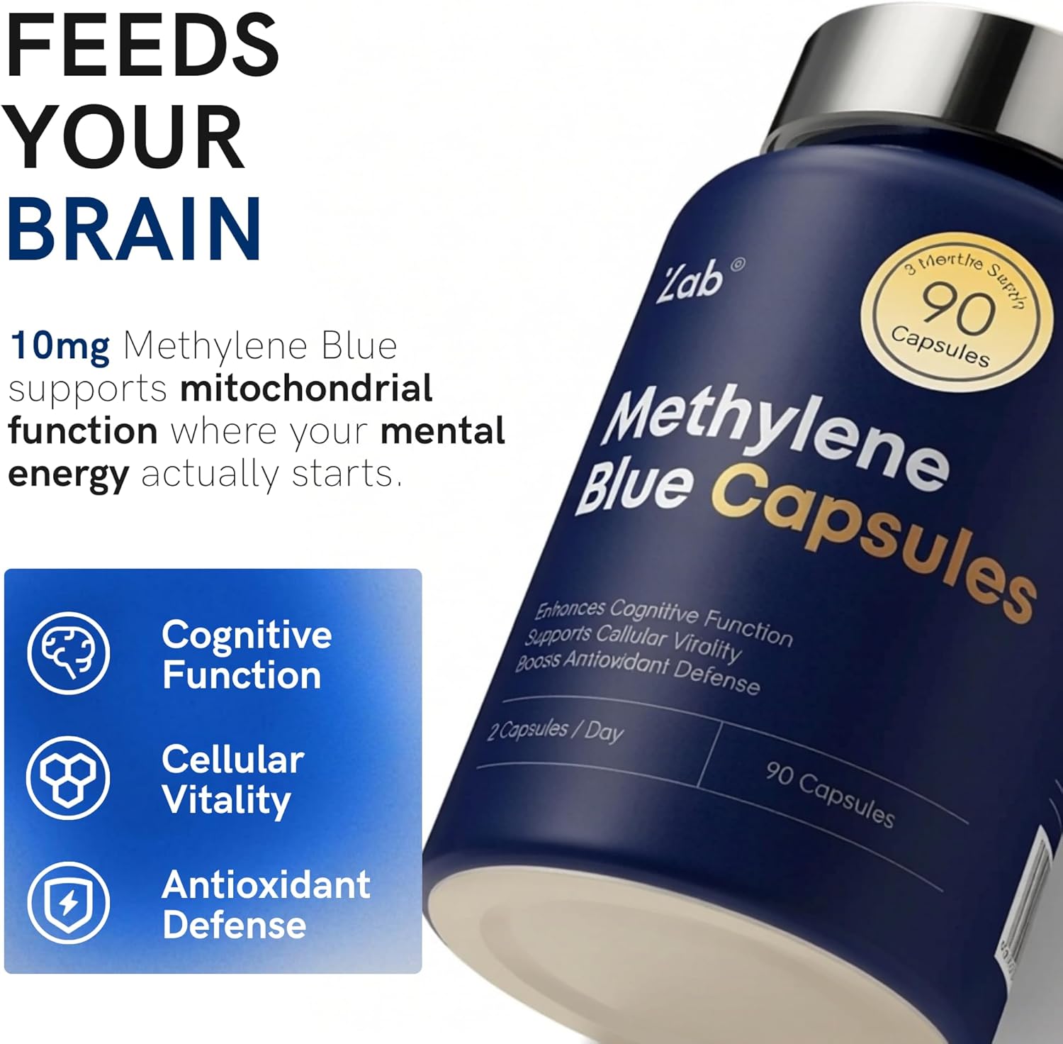 ZAB Methylene Blue Capsules, Brain Supplement for Humans with Vitamin C & B Complex, Blue Methylene 10 mg per Capsules, Memory, Clarity & Cognitive Support USP Grade Supplement