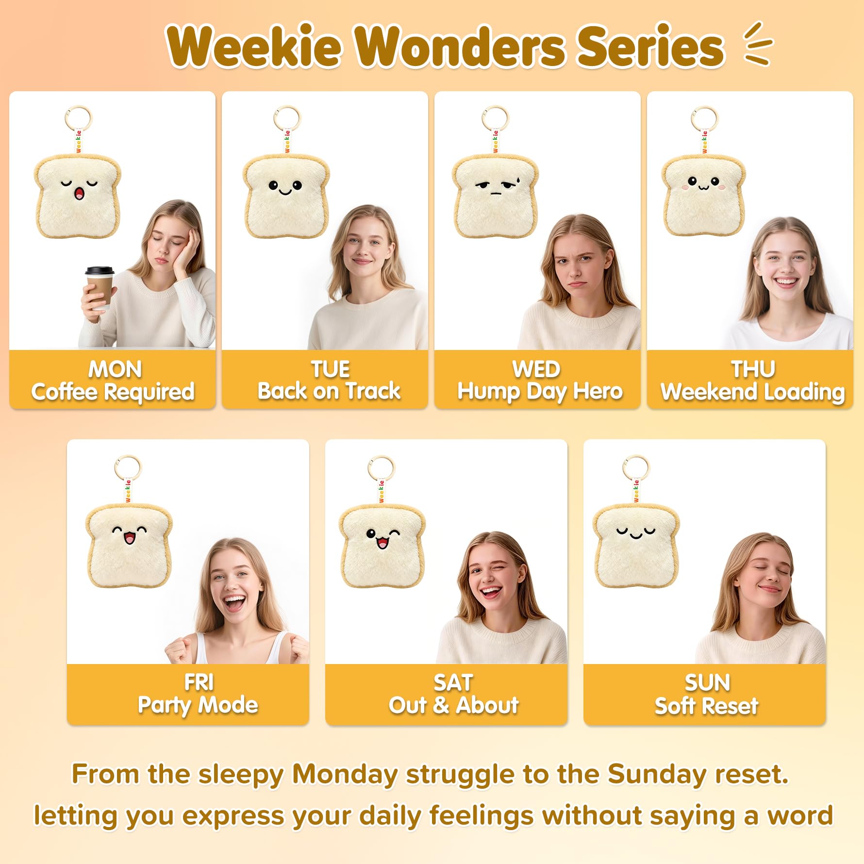 Ausener Weekie Wonders - Ciondolo a forma di toast emotivo, morbido peluche, regalo divertente per mamma, adolescenti, adulti e colleghi (confezione da 7, toast)