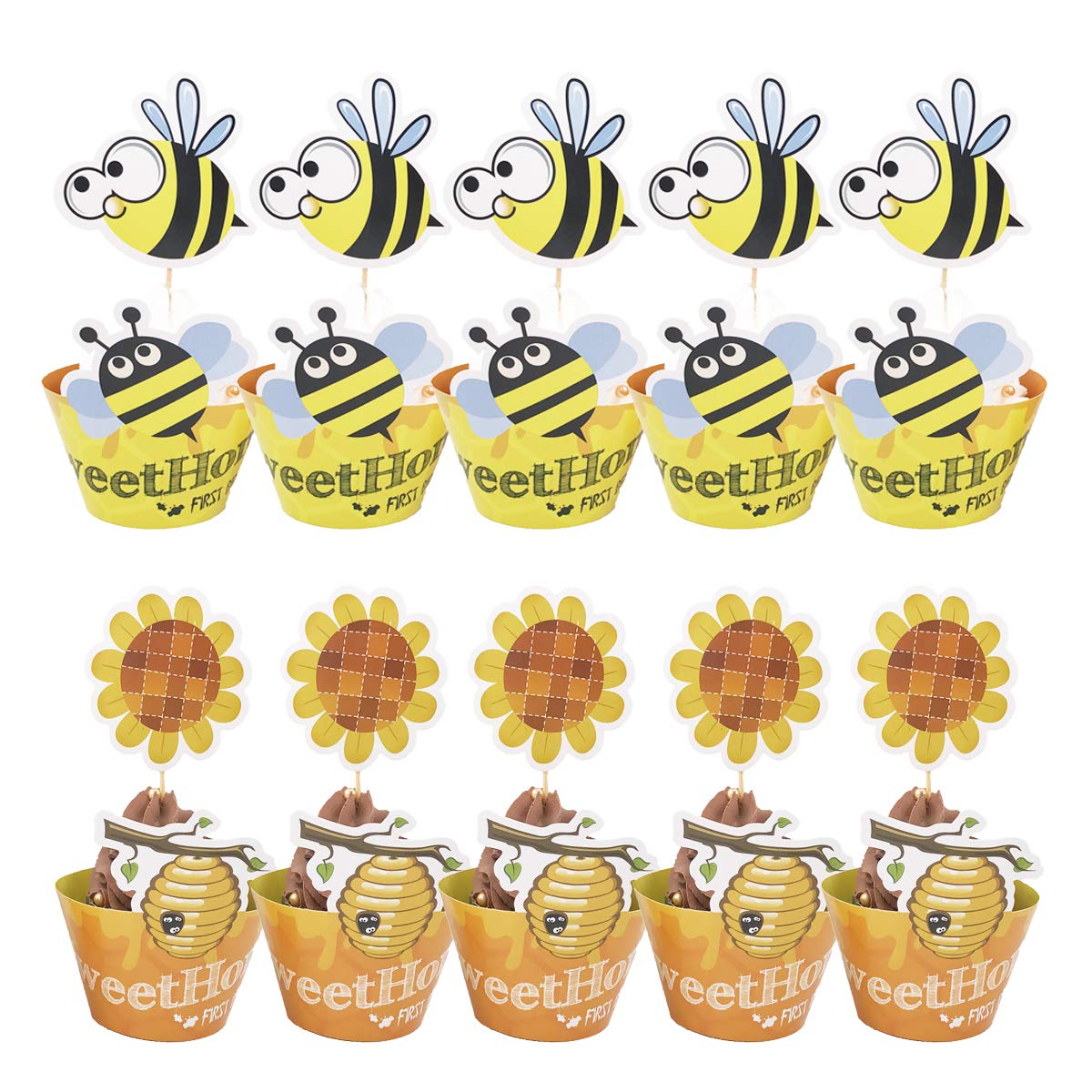 WallyE Honey Bee Cupcake Wrappers and Topper Sticks for Gender Reaveal, Baby Shower, Bumble Bee Themed Birthday Party, Set of 24