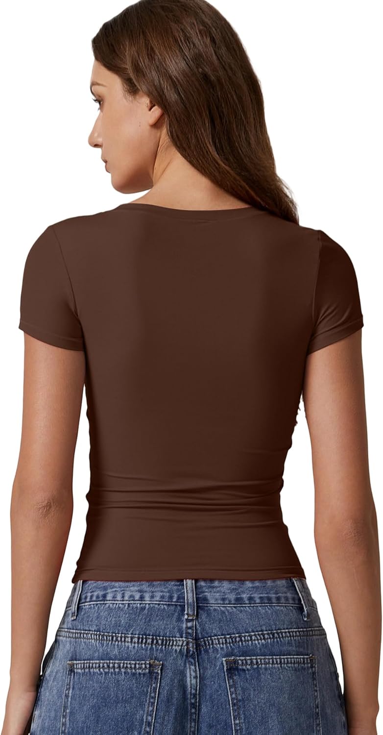 QINSEN Short Sleeve Shirts for Women Round Neck Basic Double Lined Tees Fitted Y2k Crop Tops - Image 2