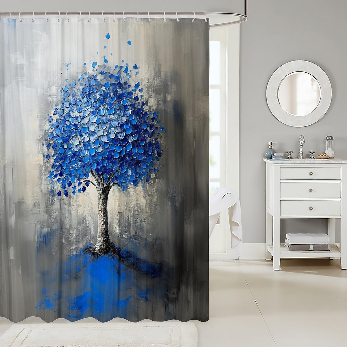 Blue Tree Branches Pattern Shower Curtain 72"x78" Kids Leaf Branches Bathroom Shower Liner for Teens Fallen Leaves Bath Curtain Waterproof Waterproof Polyester Polyester Botanical Bath Panels