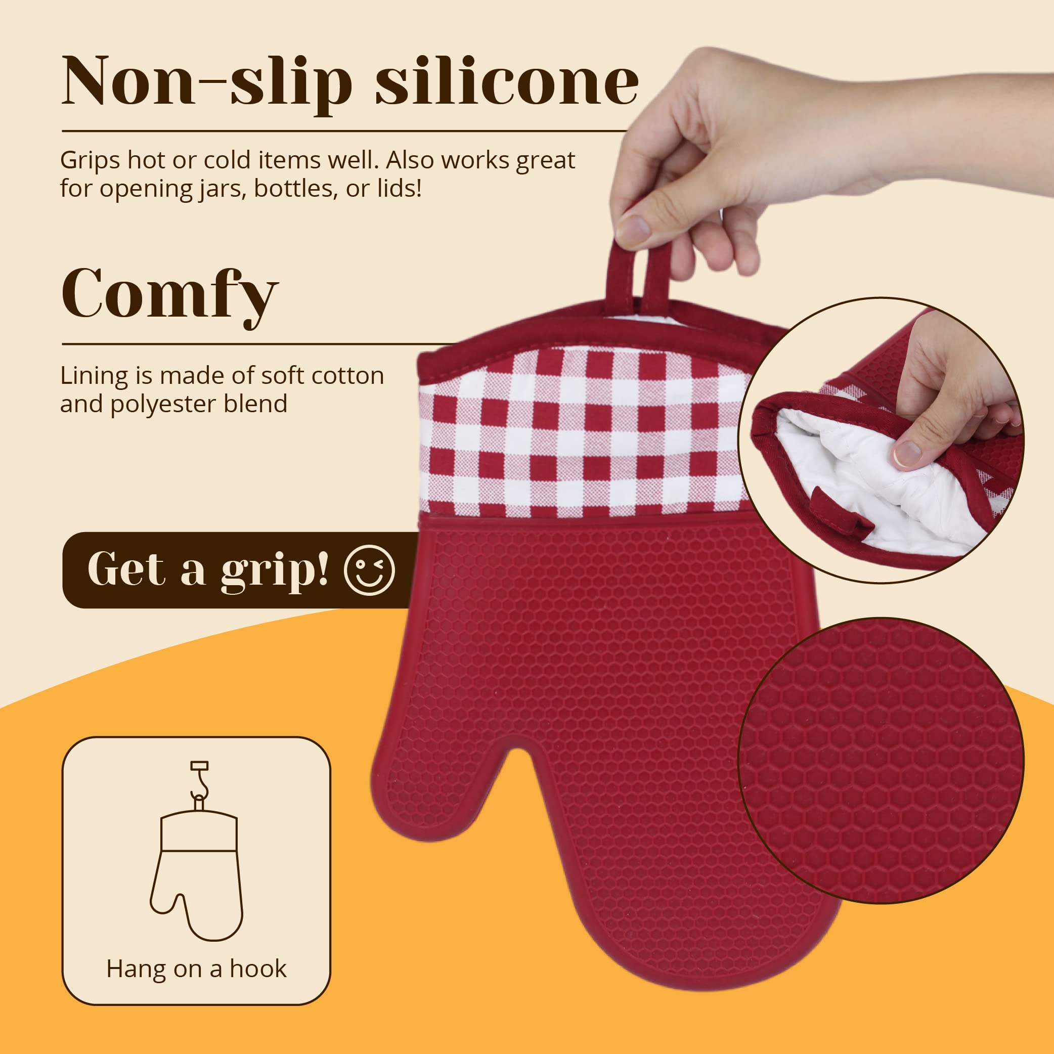 Amruta Par de guantes de horno de silicona, 2 manoplas de cocina resistentes para horno de barbacoa, microondas, resistentes al calor hasta 500 F, guante de horno con agarre texturizado de silicona