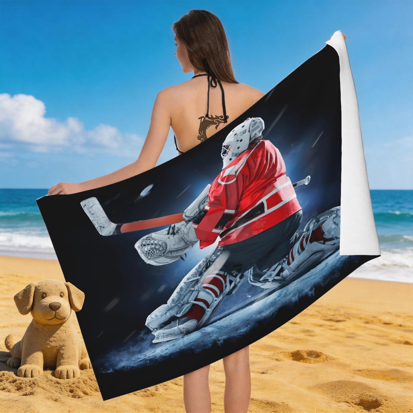 Leichong 3D Ice Hockey Player Beach Towel Microfiber Soft Quick Dry for Adults, Sports Theme Bath Towel Lightweight Soft Absorbent for Travel Swimming Pool Sports, 75 x 150 cm