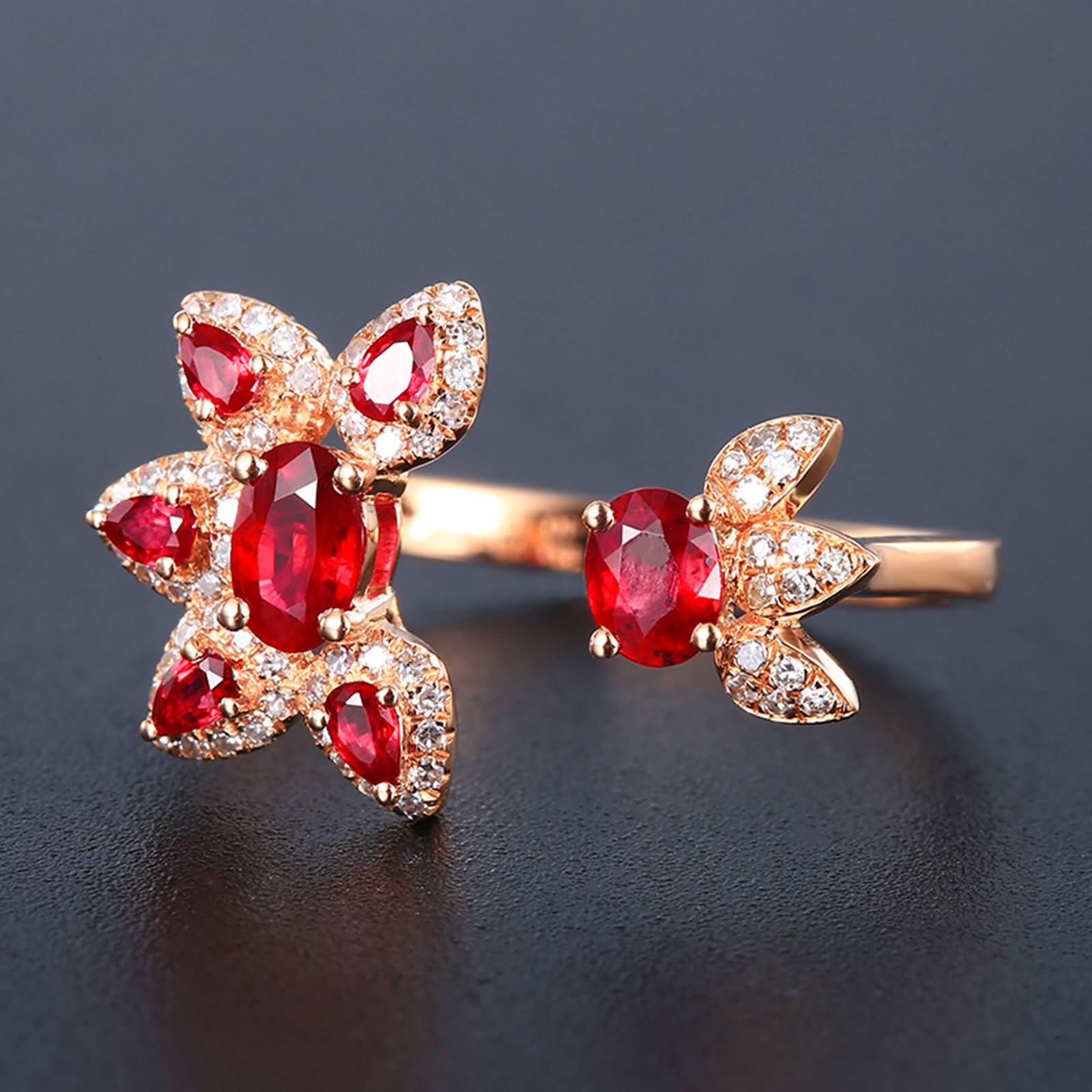 Beydodo Anillos de Boda Oro Rosa 9 14 18K Mujer con Flor con Rubí Creado de 0.73ct y Moissanita, Anillo de Mujer Compromiso Oro Rosa